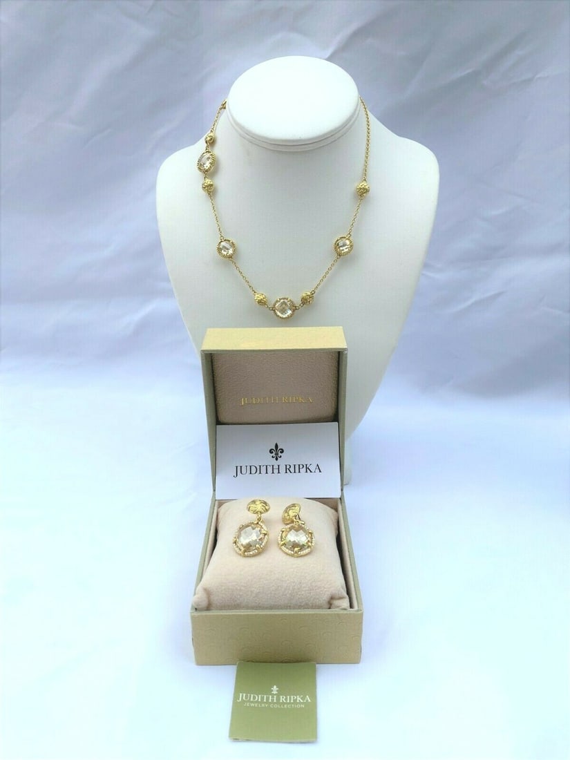 Judith Ripka 18K Yellow Gold Quartz Diamond Jewelry Set with Box: Judith Ripka 18K Yellow Gold Quartz Diamond Jewelry Set with Box This exquisite jewelry set features a stunning necklace and a pair of earrings by Judith Ripka, crafted from 18K yellow gold and adorne