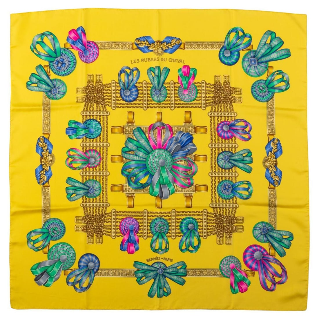 Hermes Les Rubans de Cheval Yellow Scarf by Metz 35 in: Hermes Les Rubans de Cheval Yellow Scarf by Metz 35 in Elevate your accessory collection with the exquisite Hermes Les Rubans de Cheval Scarf, designed by Metz. This stunning yellow ribbon scarf featu