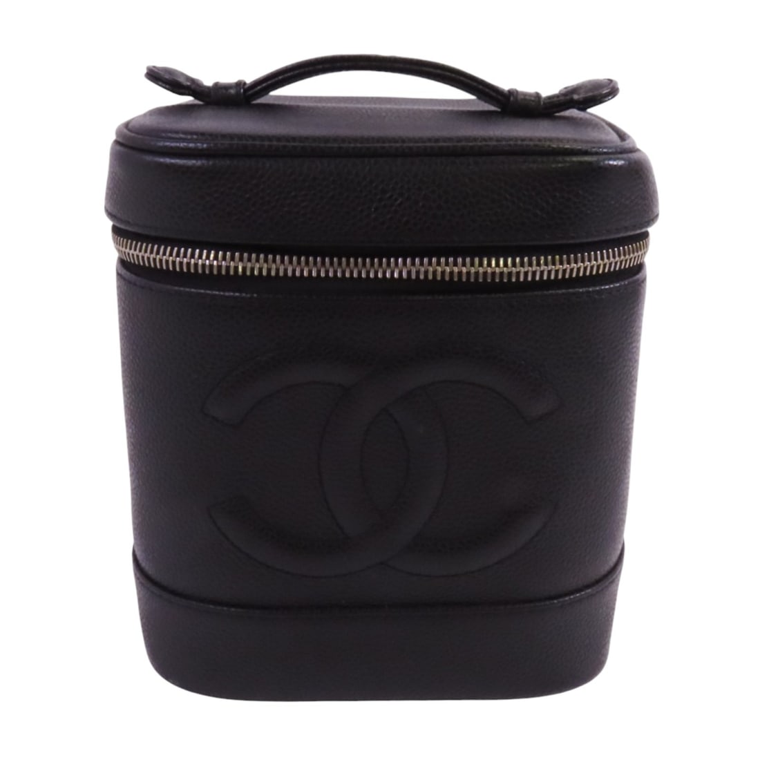 CHANEL Vintage Black Calfskin Leather Vanity Case Handbag GHW: CHANEL Vintage Black Calfskin Leather Vanity Case Handbag GHW This vintage CHANEL vanity case handbag is crafted from luxurious black calfskin leather, offering a sophisticated and timeless appeal. It