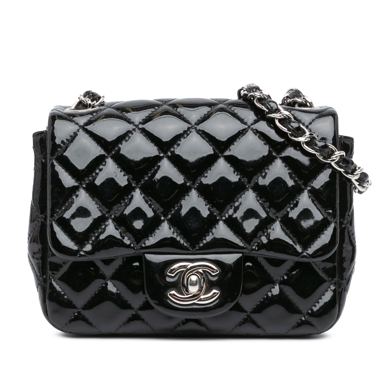 Chanel Mini Square Classic Black Patent Leather Flap Bag: Chanel Mini Square Classic Black Patent Leather Flap Bag Experience the elegance of the Chanel Mini Square Classic Patent Single Flap. Crafted from luxurious quilted patent leather, this chic bag feat