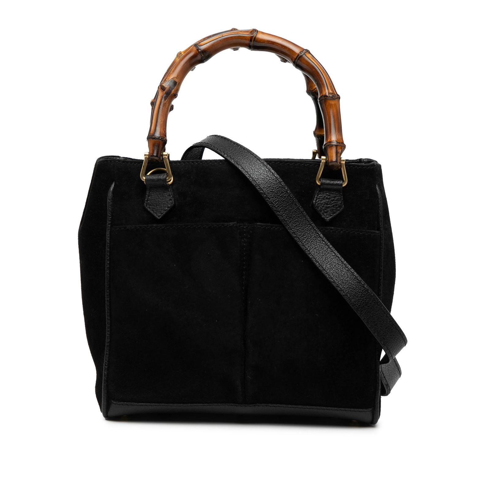 Gucci Black Suede Bamboo Satchel with Leather Strap: Gucci Black Suede Bamboo Satchel with Leather Strap This Gucci Suede Bamboo Satchel is a stylish and functional accessory made from soft suede with elegant bamboo top handles. It includes a detachable