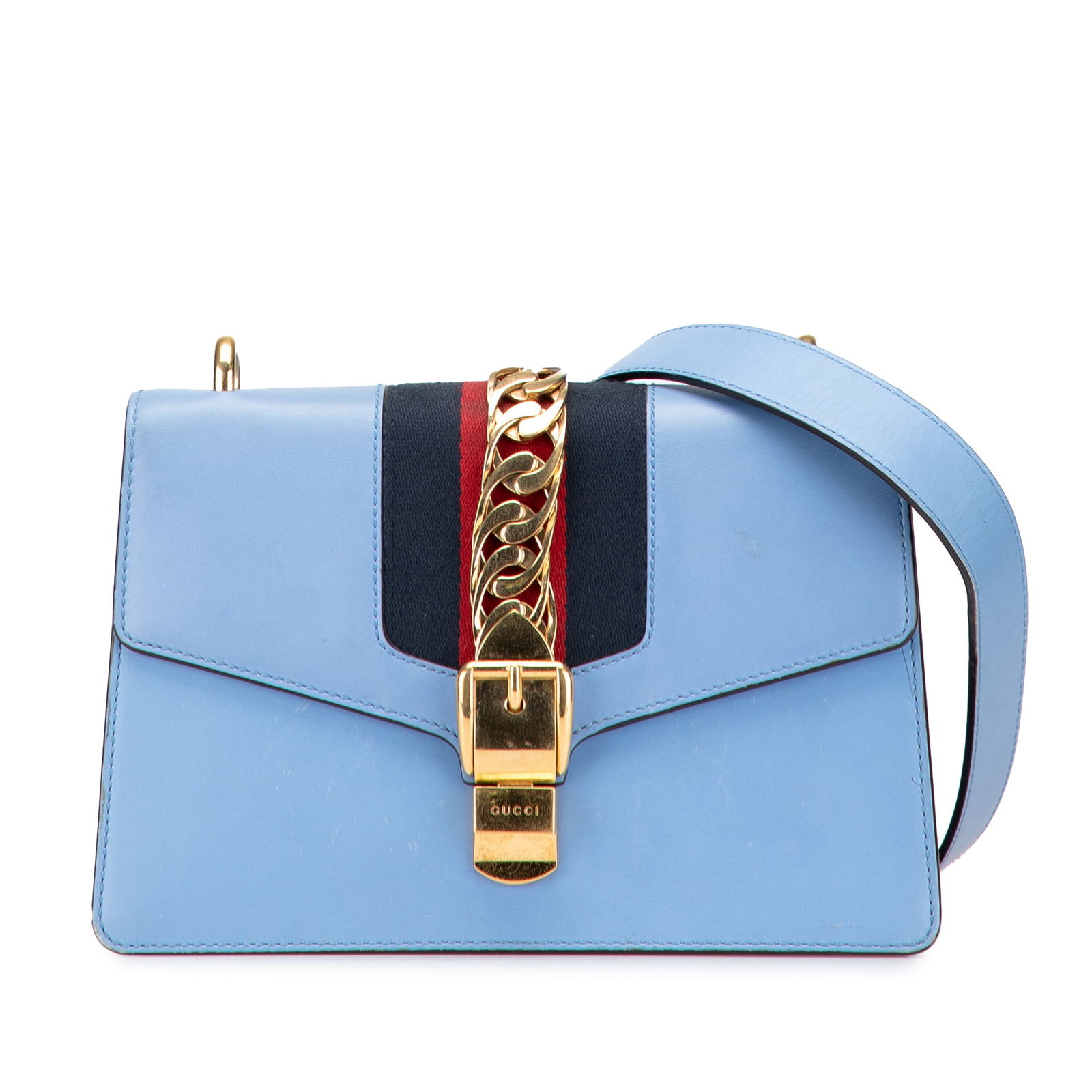 Gucci Small Leather Sylvie Web Satchel Blue Italy: Gucci Small Leather Sylvie Web Satchel Blue Italy The Gucci Small Leather Sylvie Web Satchel showcases a sophisticated design with a luxurious leather body adorned with the signature web detail. This