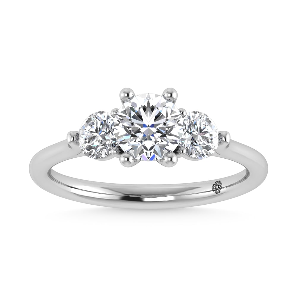14K White Gold Lab Grown Diamond 1 1/4 Ct.Tw. Three Stone Ring (Center 3/4 ct): 14K White Gold Lab Grown Diamond 1 1/4 Ct.Tw. Three Stone Ring (Center 3/4 ct) This stunning three-stone ring features a sparkling 3/4 CT Round Center diamond with two shimmering side diamonds, symbol