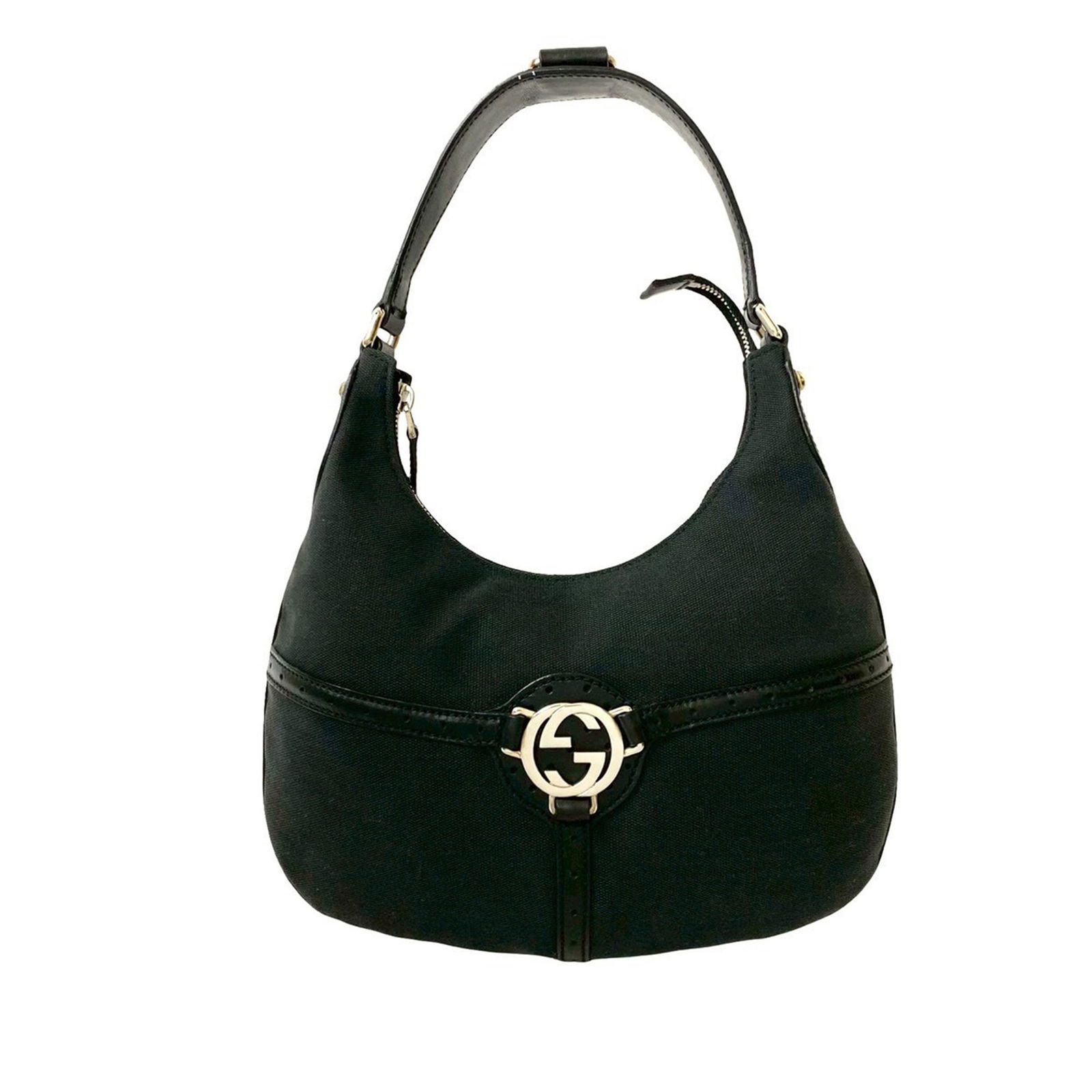 Black Gucci Canvas Reins Hobo Bag with Leather Trim and Double G Logo: Black Gucci Canvas Reins Hobo Bag with Leather Trim and Double G Logo This Gucci Canvas Reins Hobo features a black canvas body with front exterior leather trim displaying the double G logo, a flat le