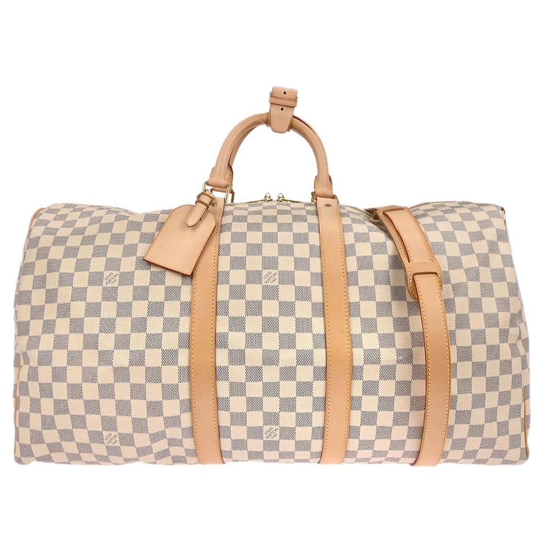 Louis Vuitton Keepall Bandouliere 55 Damier Azur Travel Duffle N41429: Louis Vuitton Keepall Bandouliere 55 Damier Azur Travel Duffle N41429 This Louis Vuitton Keepall Bandouliere 55 Duffle Bag features the iconic Damier Azur canvas exterior with a distinctive logo accen