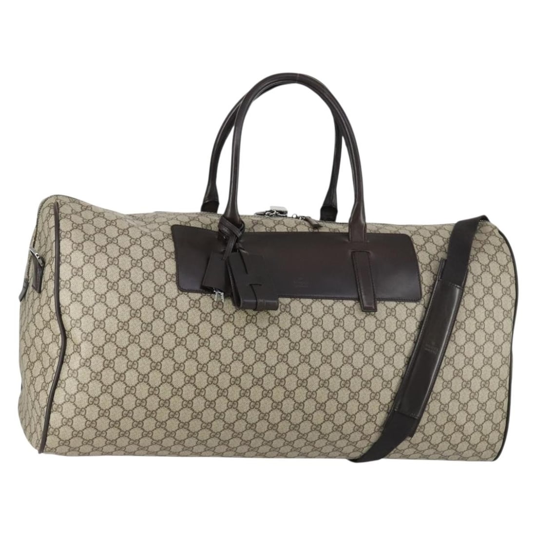 GUCCI GG Supreme Beige Silver PVC Boston Bag 101672 Authentic: GUCCI GG Supreme Beige Silver PVC Boston Bag 101672 Authentic This GUCCI GG Supreme Boston Bag is a stylish fusion of functionality and luxury. Crafted in Italy from durable PVC leather and GG canvas,