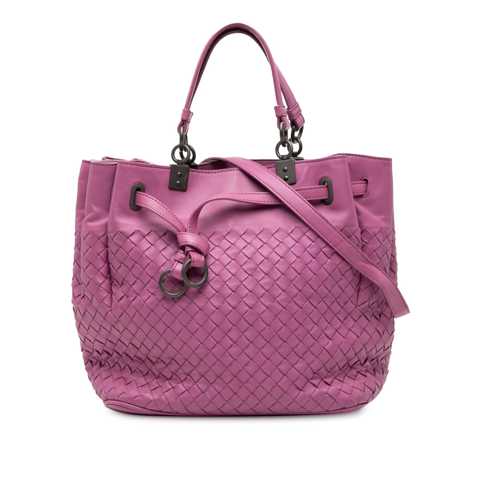 Bottega Veneta Pink Nappa Intrecciato Leather Bucket Bag: Bottega Veneta Pink Nappa Intrecciato Leather Bucket Bag Introducing the Bottega Veneta Nappa Intrecciato Bucket Bag, a luxurious accessory crafted from woven nappa leather. This bag features flat lea