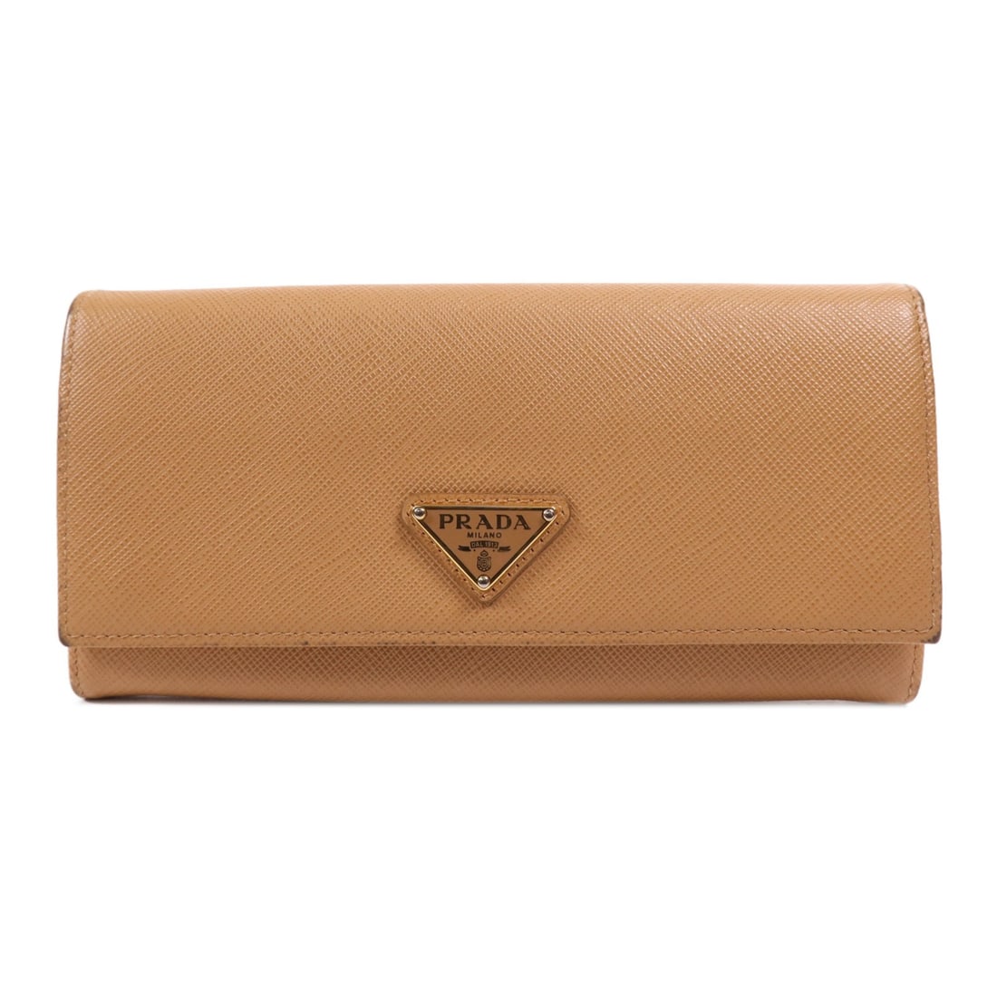 PRADA Long Wallet Calfskin Leather Brown Double Sided: PRADA Long Wallet Calfskin Leather Brown Double Sided This PRADA long wallet is crafted from luxurious calfskin leather in a rich brown hue. It features a double-sided design, offering ample space for