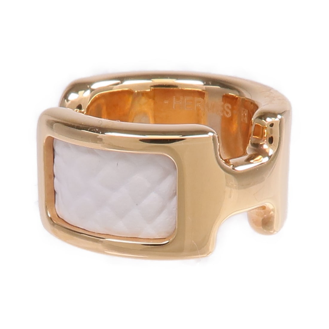 Olympe Ear Cuff in White Epsom Leather and Gold Metal by Hermes: Olympe Ear Cuff in White Epsom Leather and Gold Metal by Hermes This Hermes Olympe ear cuff features white Epsom calfskin leather with metal accents in a gold tone. Designed without a main stone, this