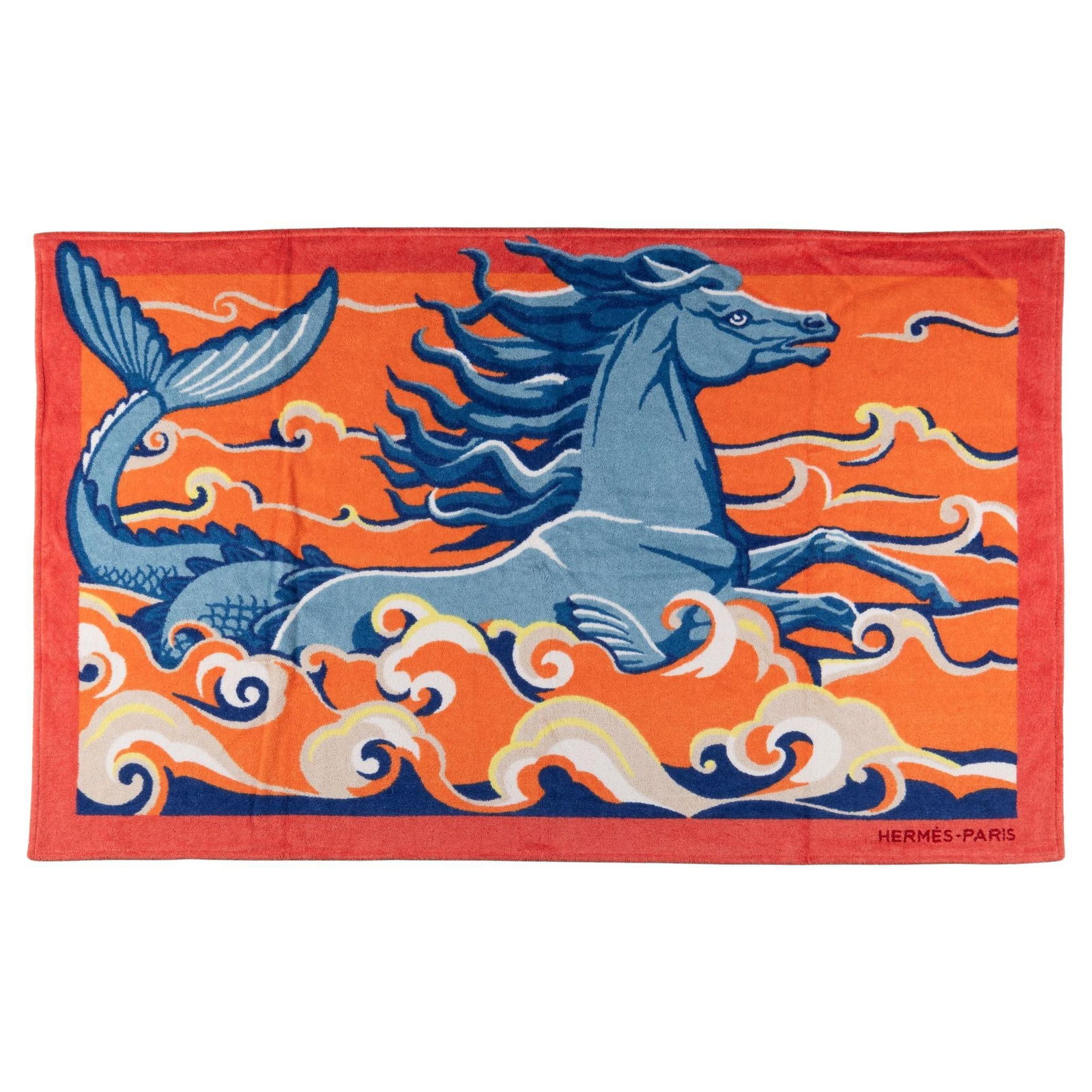 Hermes Cheval Marin Cotton Beach Towel 62x37 in: Hermes Cheval Marin Cotton Beach Towel 62x37 in Introducing the exquisite Hermes "Cheval Marin" Beach Towel, a luxurious addition to your summer essentials. Crafted from 100% cotton terry cloth, this