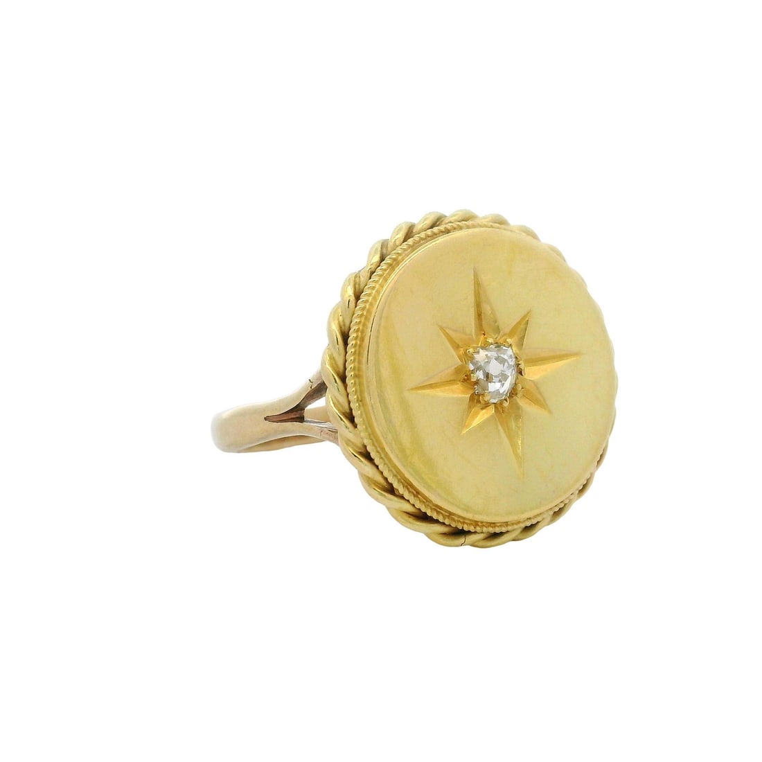 Antique 18K Gold Diamond Twisted Wire Frame Ring 0.14ct: Antique 18K Gold Diamond Twisted Wire Frame Ring 0.14ct This exquisite Antique 18K Gold Star Etched Diamond Round Top & Twisted Wire Frame Platter Ring features a stunning old mine cut diamond, pave s