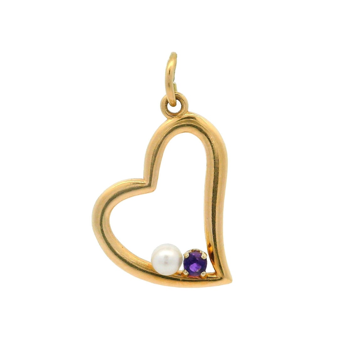 Vintage 14k Yellow Gold Open Heart Pendant with Amethyst and Pearl: Vintage 14k Yellow Gold Open Heart Pendant with Amethyst and Pearl This exquisite vintage charm pendant features a polished open heart design, crafted in 14k solid yellow gold. The pendant showcases a