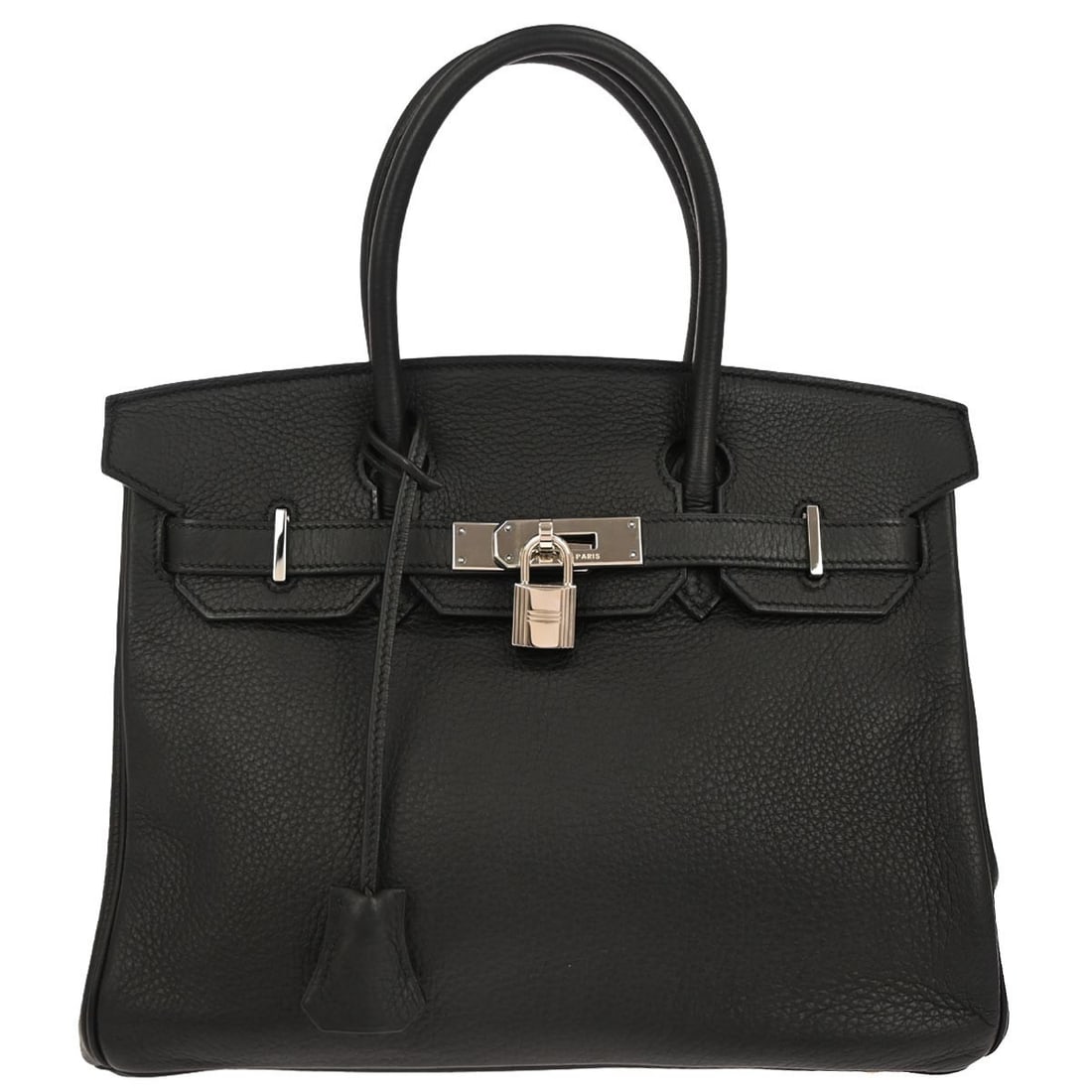 Black Taurillon Clemence Leather Birkin 30 Top Handle Bag by Hermes: Black Taurillon Clemence Leather Birkin 30 Top Handle Bag by Hermes This Hermes Birkin 30 handbag is crafted from black Taurillon Clemence leather and features double handles and a lock accent. The ba