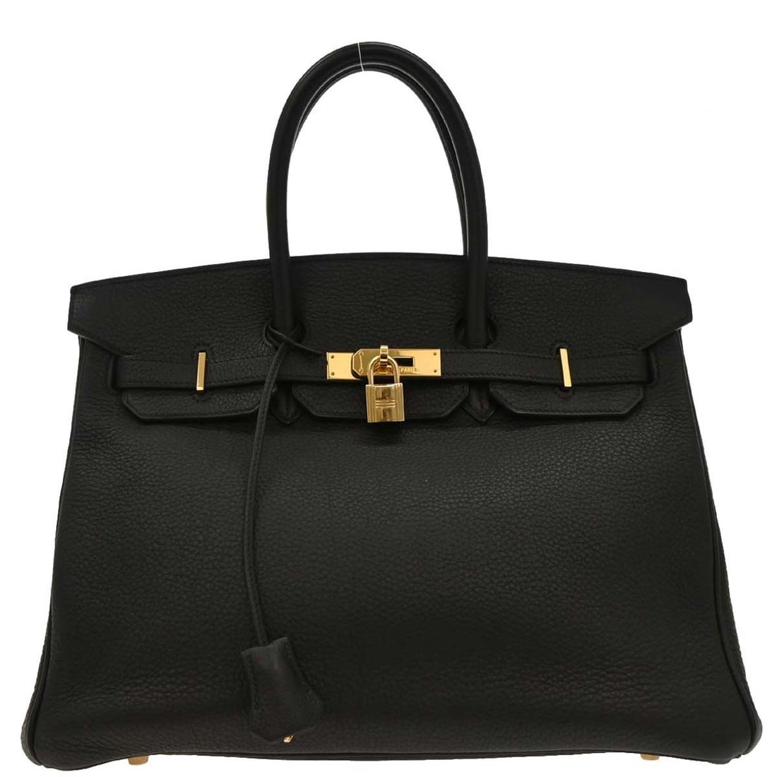 Hermes Black Taurillon Clemence Birkin 35 Handbag with Lock: Hermes Black Taurillon Clemence Birkin 35 Handbag with Lock This exquisite Hermes Birkin 35 handbag is crafted from luxurious black Taurillon Clemence leather, known for its soft texture and durabilit