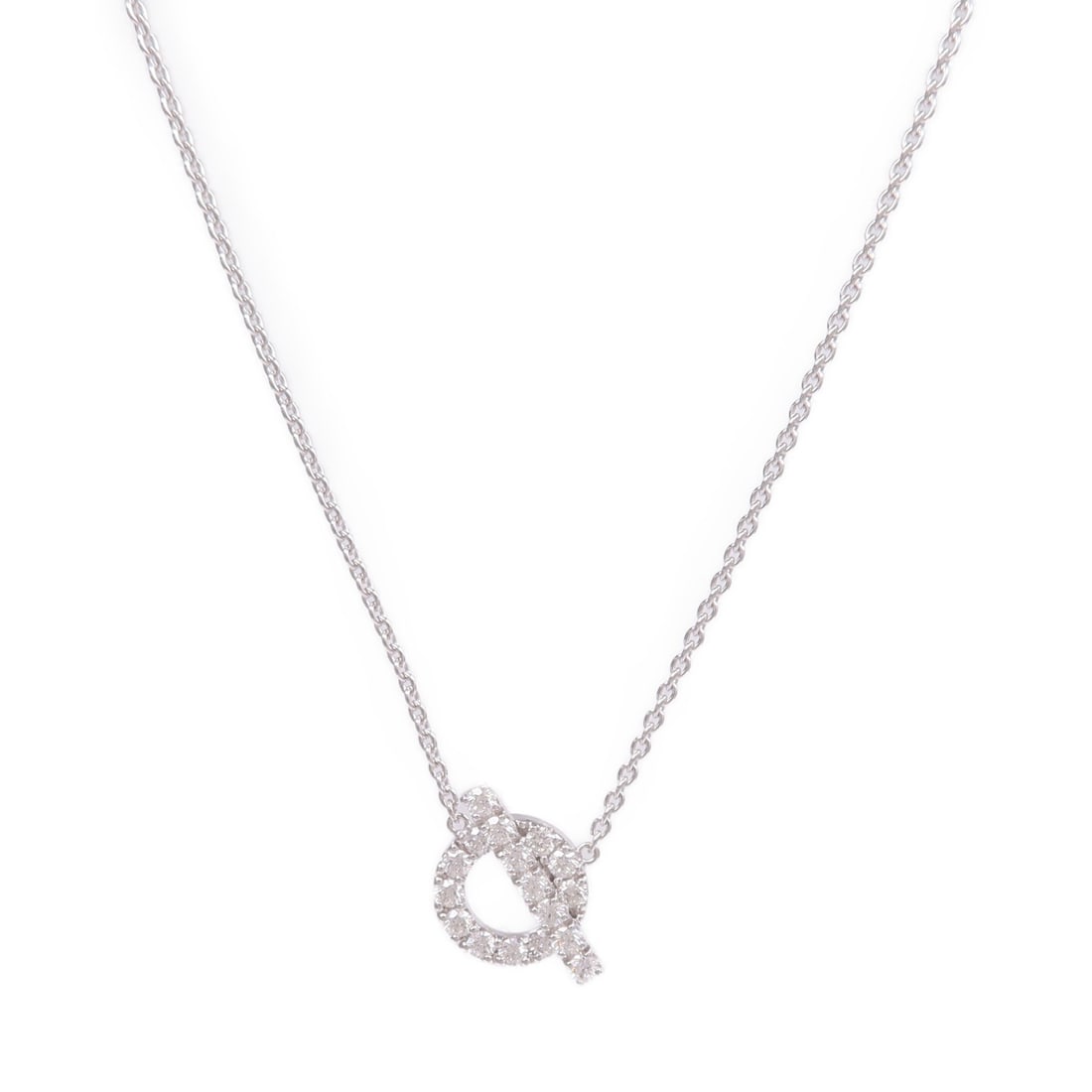 Finesse Diamond Pendant Necklace in 18K White Gold by Hermes: Finesse Diamond Pendant Necklace in 18K White Gold by Hermes This Hermes Finesse pendant necklace features a diamond set in 18K white gold. Crafted in France, it showcases a clear diamond as the main