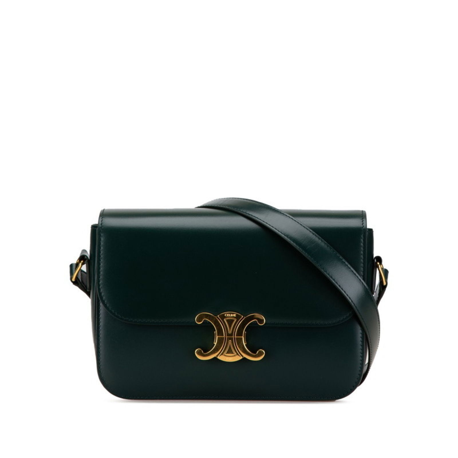 Green Leather Celine Triomphe Shoulder Bag 15.5cm x 22cm: Green Leather Celine Triomphe Shoulder Bag 15.5cm x 22cm This Celine Triomphe handbag features a sleek green leather exterior and is crafted in Italy. Designed for women, it showcases Celine's signatu
