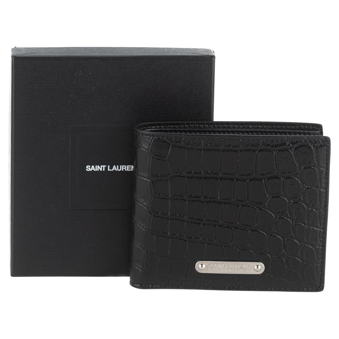 Yves Saint Laurent Black Croc Embossed East West Wallet: Yves Saint Laurent Black Croc Embossed East West Wallet This Yves Saint Laurent wallet showcases a sophisticated black crocodile embossed calfskin exterior, designed in a chic East West style. The wal