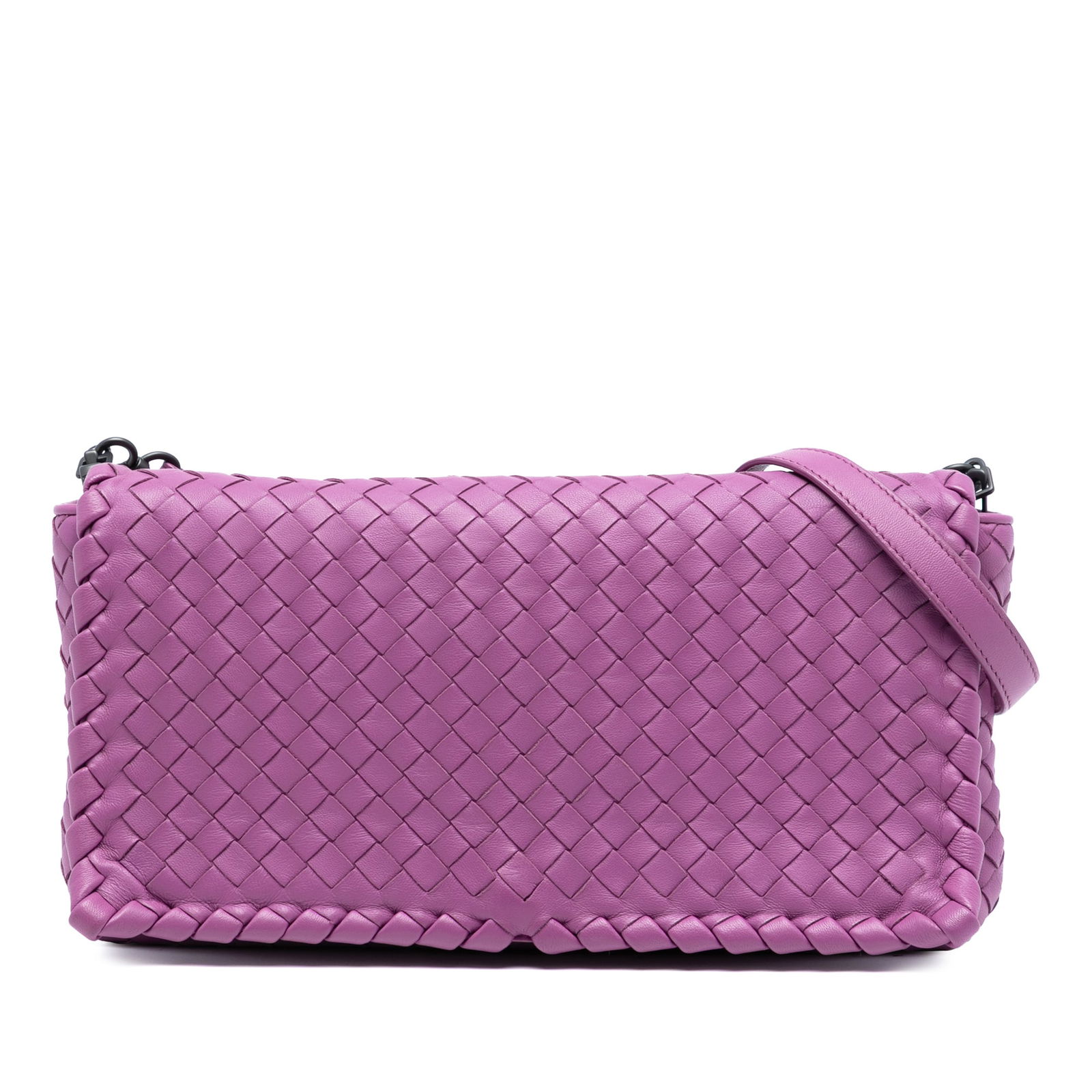 Bottega Veneta Dahlia Nappa Leather Intrecciato Crossbody Clutch Bag: Bottega Veneta Dahlia Nappa Leather Intrecciato Crossbody Clutch Bag This Bottega Veneta Nappa Intrecciato Dahlia Clutch Crossbody features a woven nappa leather exterior in purple with a flat leather