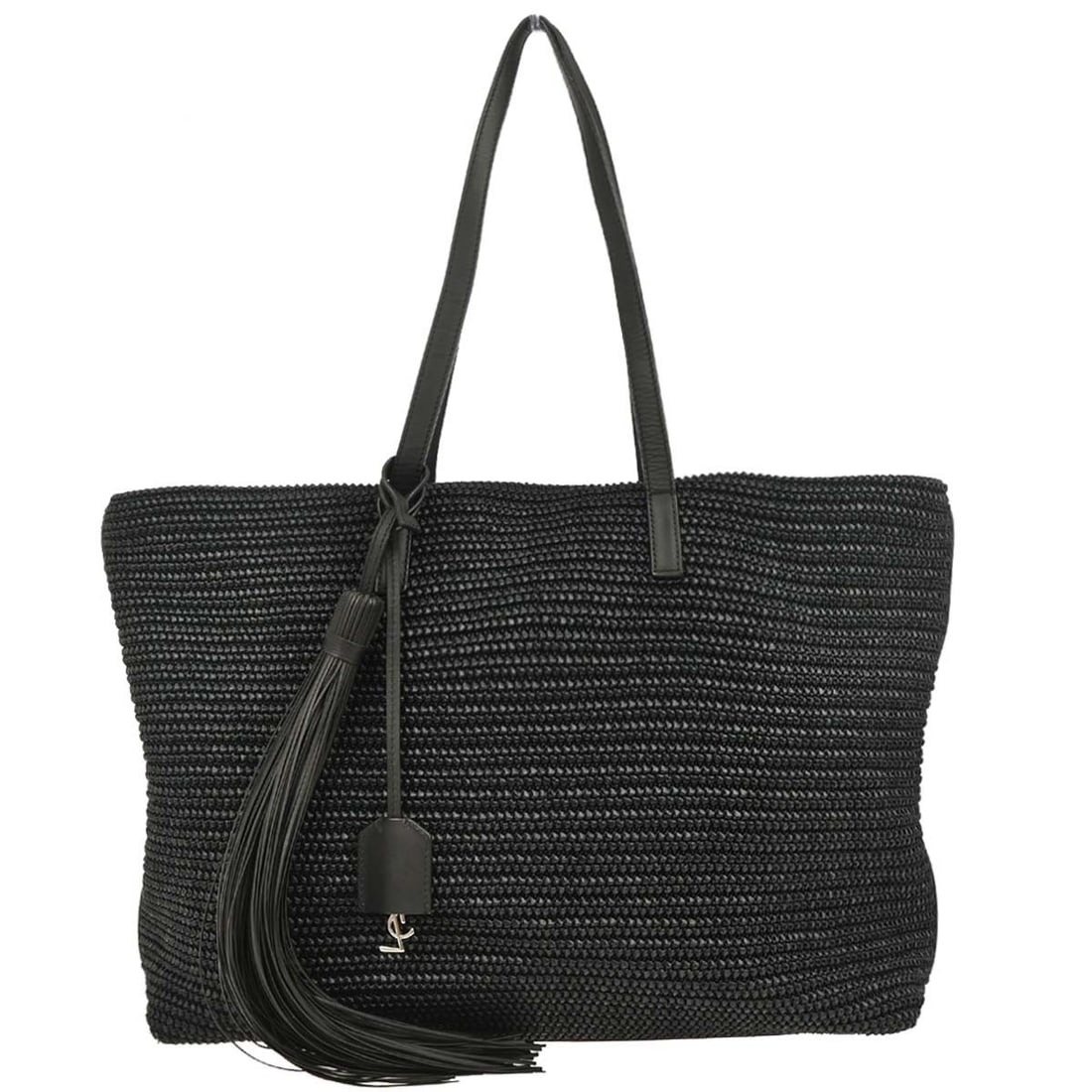 Saint Laurent Black Leather Raffia Tote Handbag TCT490793*0918 (1 of 10)