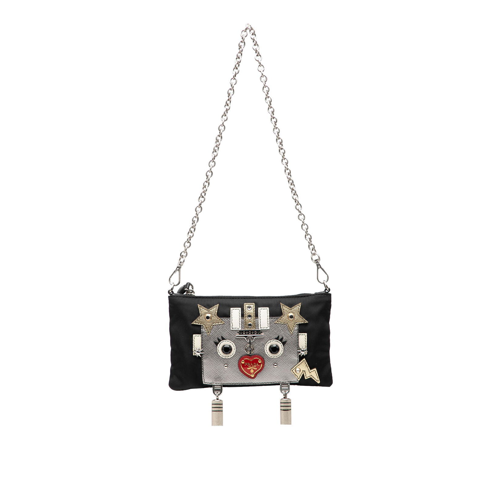 Prada Tessuto Saffiano Robot Black Chain Shoulder Bag: Prada Tessuto Saffiano Robot Black Chain Shoulder Bag This Prada Tessuto Saffiano Robot Chain Shoulder Bag features a black nylon body with metal and Saffiano leather details. It is designed with a di