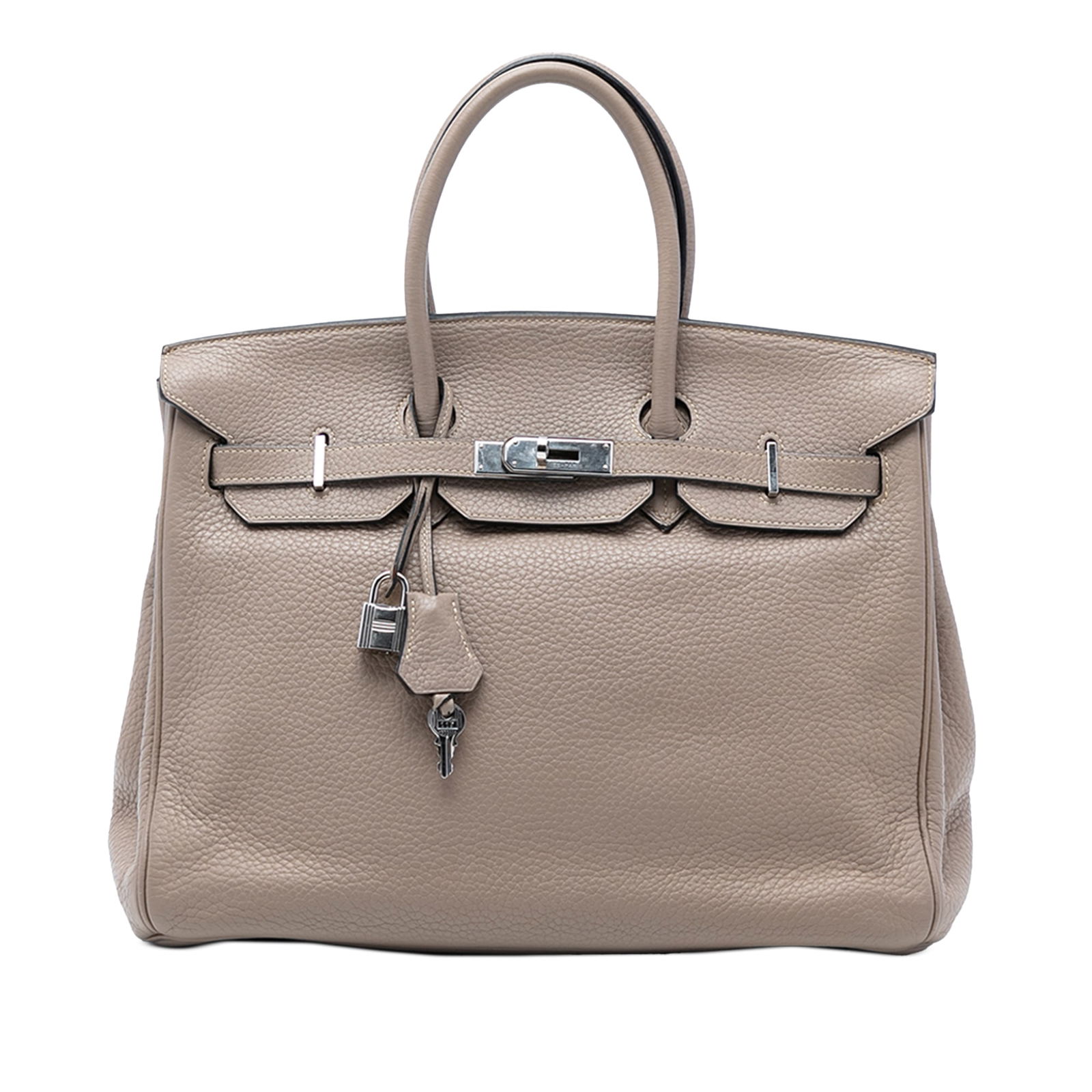 Gris Asphalte Togo Leather Birkin 35 Retourne Handbag by Hermes: Gris Asphalte Togo Leather Birkin 35 Retourne Handbag by Hermes This Birkin 35 features high-quality Togo leather in Gris Asphalte, complemented by rolled leather handles and a front flap with a turn-