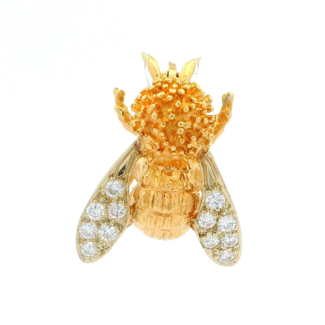 14k Yellow Gold Bumble Bee Brooch with 0.20ctw Diamonds: 14k Yellow Gold Bumble Bee Brooch with 0.20ctw Diamonds This exquisite estate brooch features a beautifully detailed bumblebee design, crafted in lustrous 14k yellow gold. Adorned with 12 natural genu