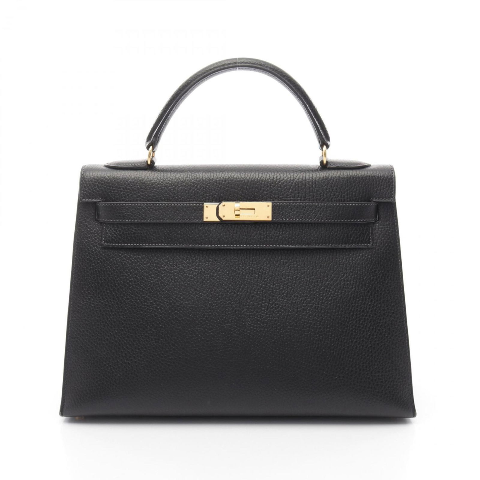 Black Leather Kelly 32 Bag by Hermes France: Black Leather Kelly 32 Bag by Hermes France This is a Hermes Kelly 32 handbag crafted from black leather. Designed for women, it features a structured silhouette and classic style. The bag was made in
