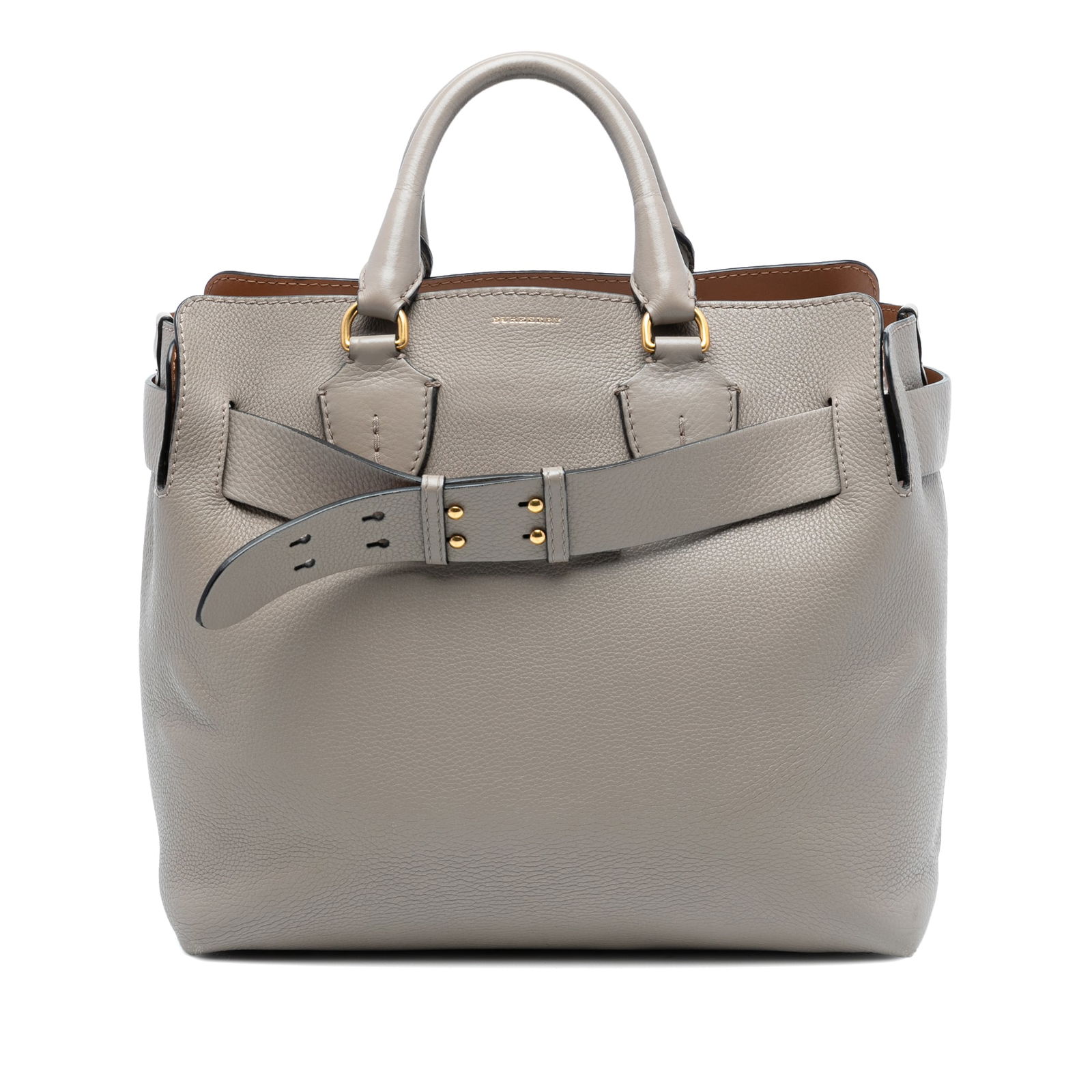 Medium Belt Satchel in Brown Leather by Burberry: Medium Belt Satchel in Brown Leather by Burberry This Burberry Medium Leather Belt Bag features a brown leather body with rolled leather handles and an open top secured by a magnetic snap closure. The