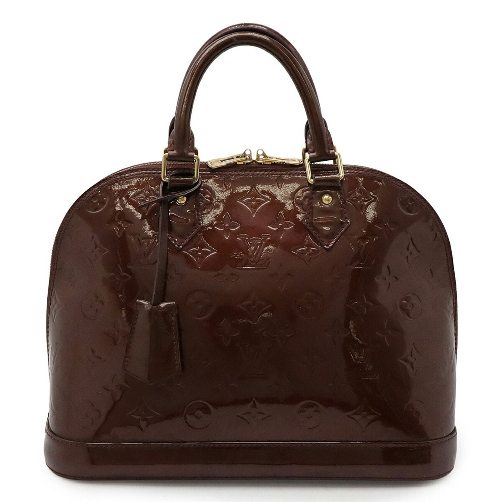 Burgundy Patent Leather Alma Bag by Louis Vuitton France: Burgundy Patent Leather Alma Bag by Louis Vuitton France This Louis Vuitton Alma handbag features a sophisticated burgundy patent leather exterior. Designed for women, it is crafted with quality mater
