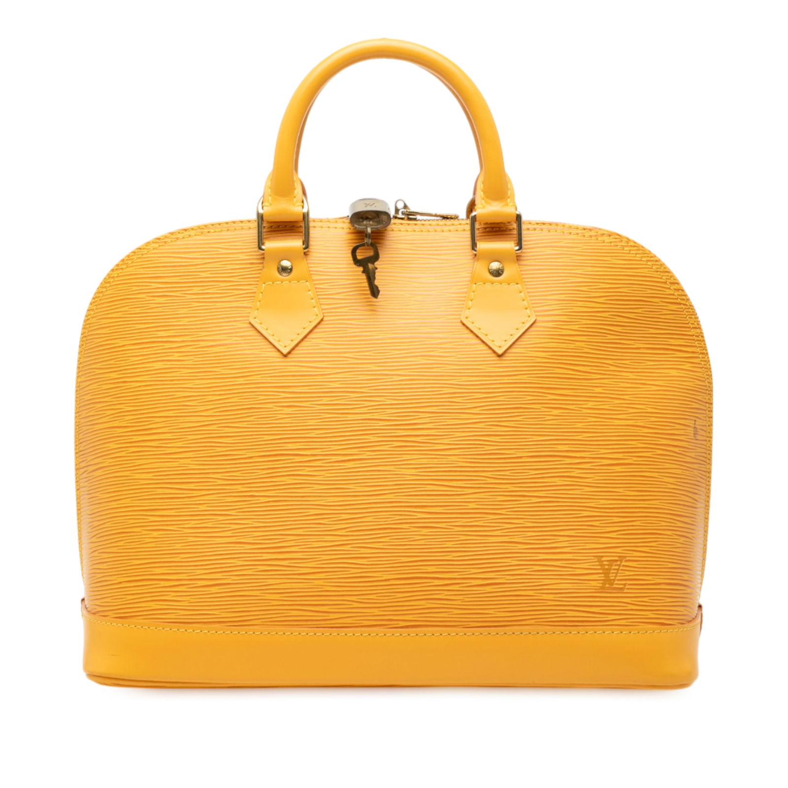 Louis Vuitton Epi Alma PM Yellow Leather Handbag: Louis Vuitton Epi Alma PM Yellow Leather Handbag The Louis Vuitton Epi Alma PM is a stylish handbag crafted from durable epi leather. It features a unique yellow color, rolled handles, and a secure to