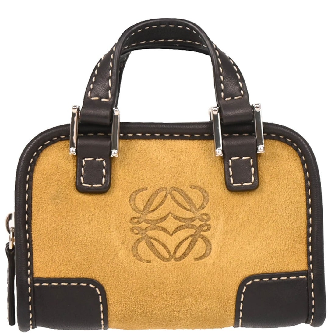 Loewe Beige Suede Mini Amazona Pouch Top Handle Bag: Loewe Beige Suede Mini Amazona Pouch Top Handle Bag Discover the exquisite Loewe Mini Amazona Contenedor Pouch Bag, crafted from luxurious beige suede. This micro-sized top handle bag features double