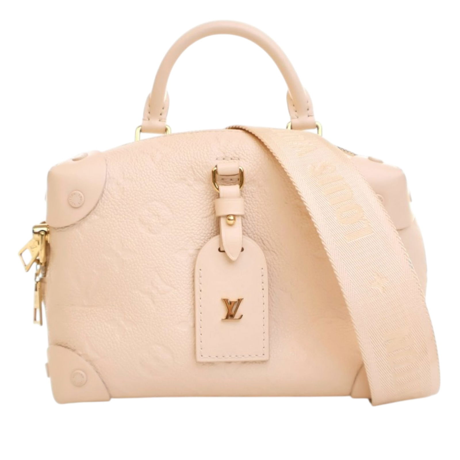 White Leather Petite Malle Souple Bag with Monogram Empreinte by Louis Vuitton: White Leather Petite Malle Souple Bag with Monogram Empreinte by Louis Vuitton The Louis Vuitton Monogram Empreinte Petite Malle Souple is crafted from embossed leather and features a signature monogr