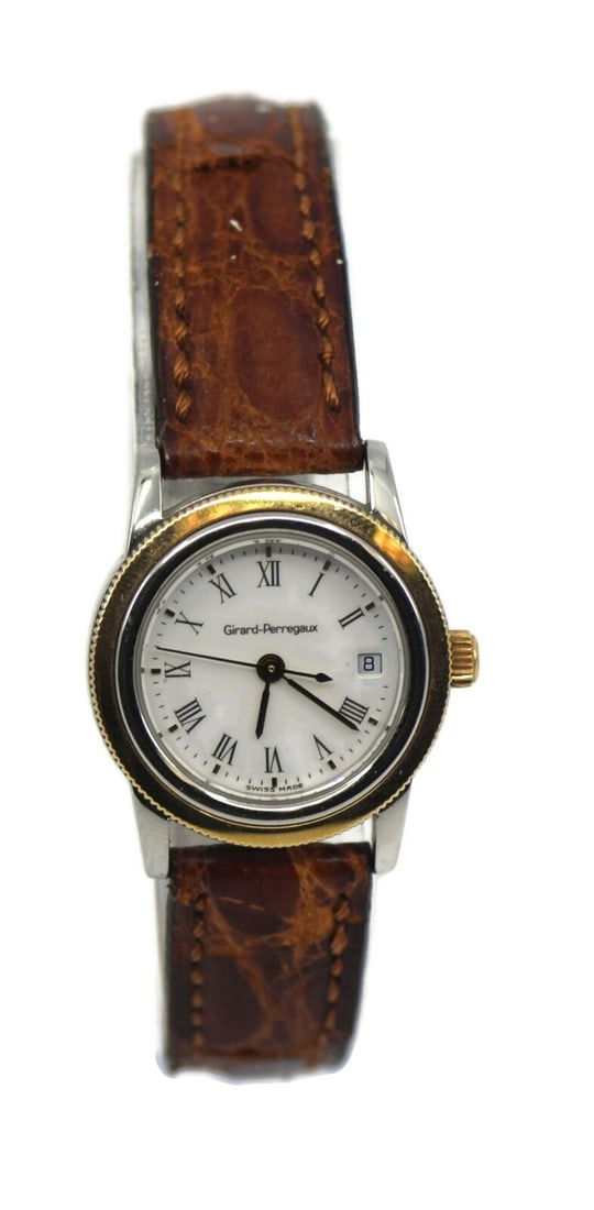 Girard Perregaux Two Tone Stainless Steel Quartz Watch Ref 1300: Girard Perregaux Two Tone Stainless Steel Quartz Watch Ref 1300 This Girard Perregaux Two Tone Stainless Steel Watch features a stylish brown dial and a matching brown leather band, making it a versat