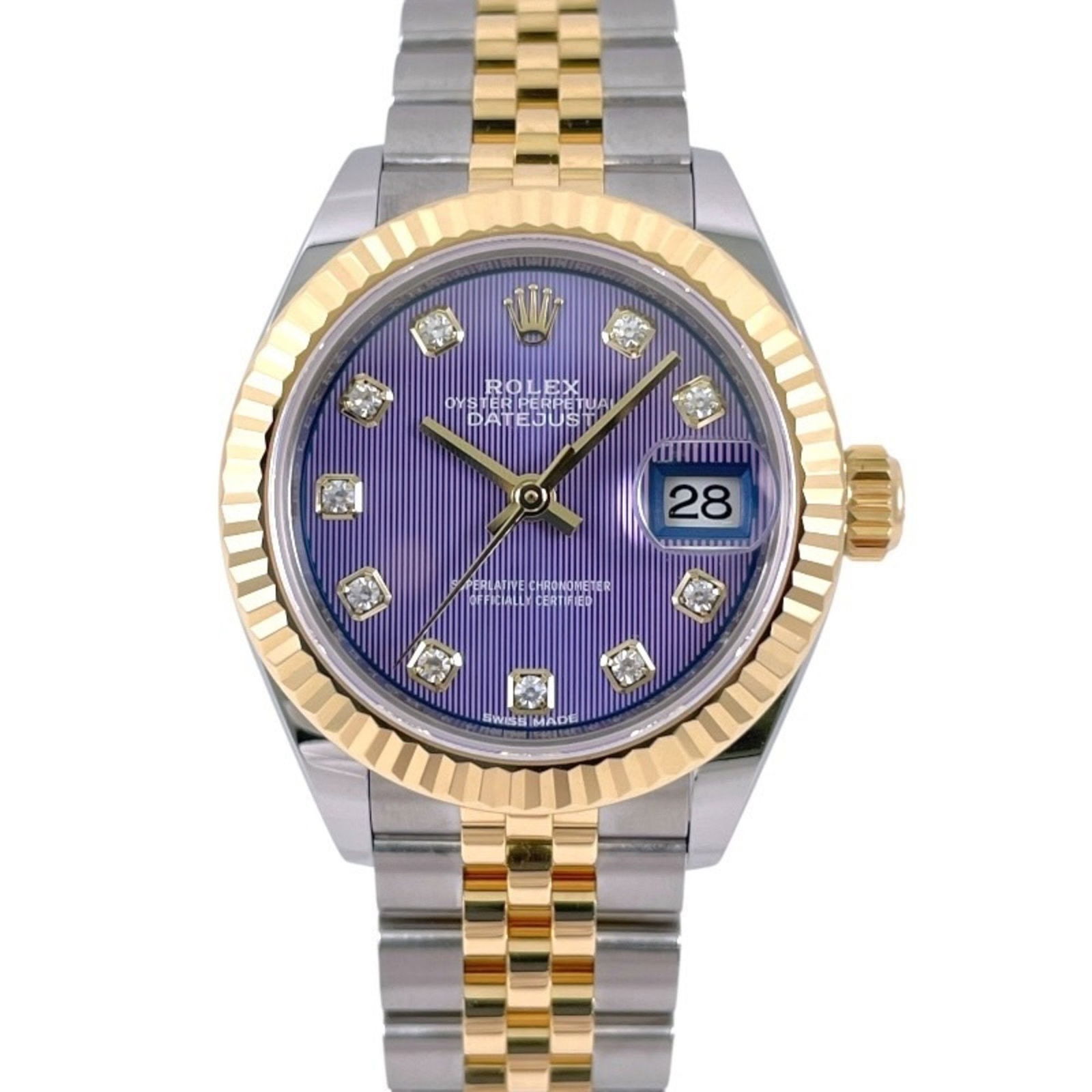 Gold and Steel Rolex Lady DateJust Women's Watch with Purple Dial 28 mm: Gold and Steel Rolex Lady DateJust Women's Watch with Purple Dial 28 mm This Rolex Lady DateJust is crafted from a combination of gold and steel, featuring a distinctive purple dial. Designed for wome