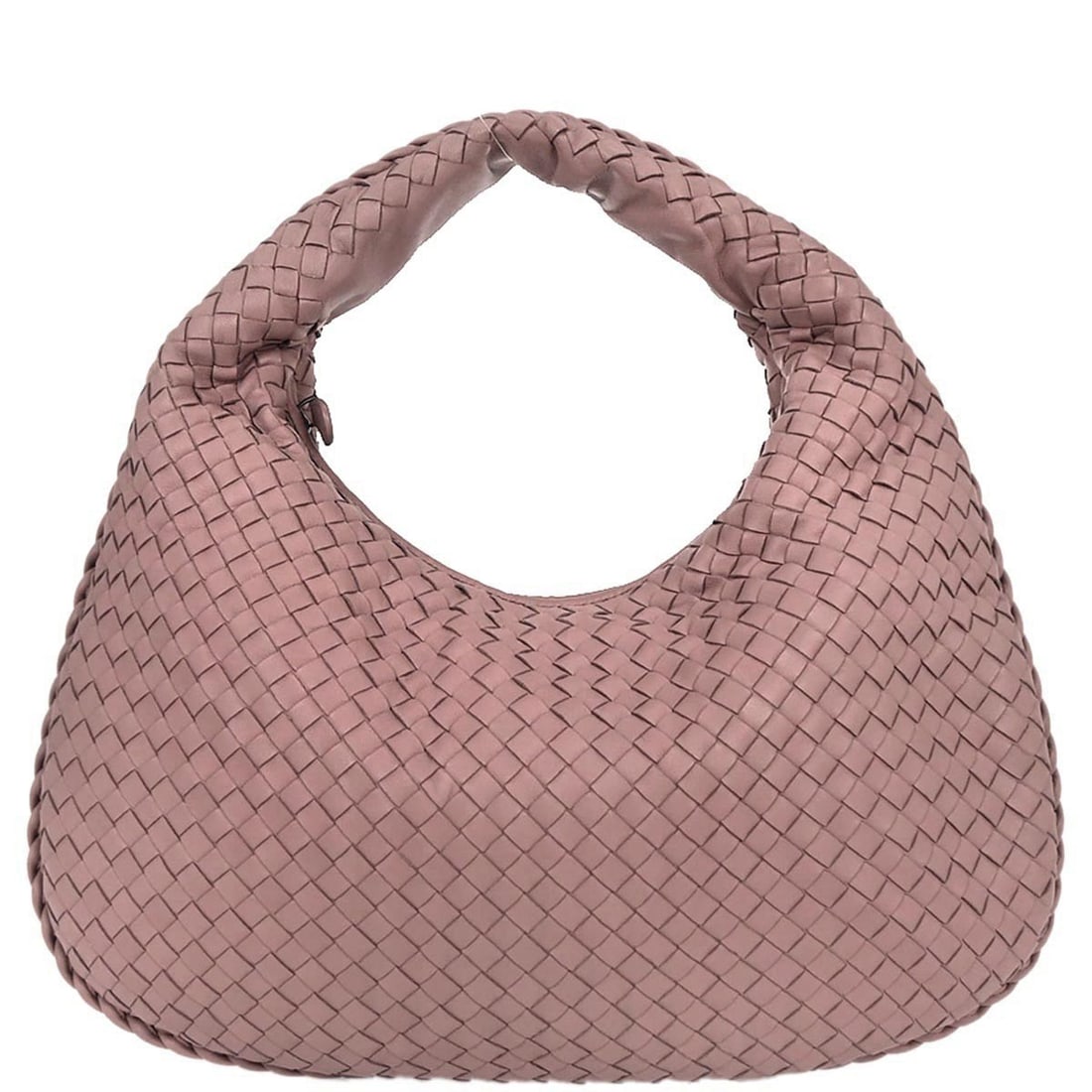 Pink Intrecciato Lambskin Hobo by Bottega Veneta Large Top Handle Bag: Pink Intrecciato Lambskin Hobo by Bottega Veneta Large Top Handle Bag This large hobo bag features Bottega Veneta's signature Intrecciato pattern in pink lambskin leather. It is designed with a top ha