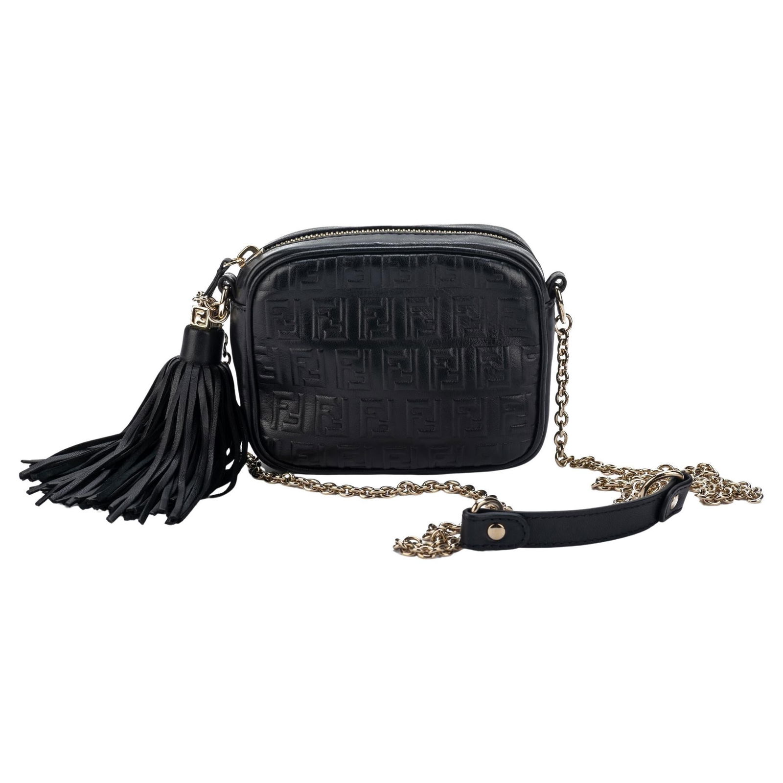 Fendi Black Leather Embossed Camera Bag with Tassel and Box: Fendi Black Leather Embossed Camera Bag with Tassel and Box This exquisite Fendi camera bag is crafted from luxurious black embossed leather, showcasing the brand's signature style. The bag features a
