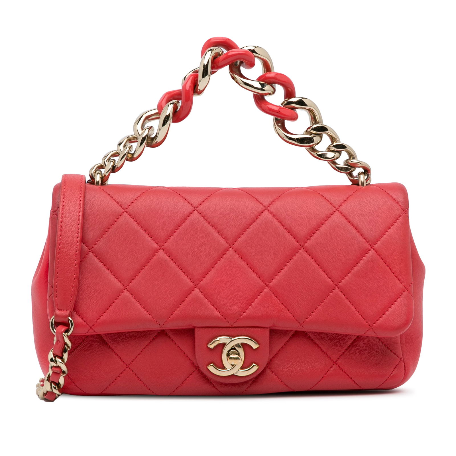Chanel Small Lambskin Elegant Chain Flap Bag Red Leather: Chanel Small Lambskin Elegant Chain Flap Bag Red Leather This elegant Chanel Small Lambskin Elegant Chain Single Flap satchel showcases a luxurious quilted lambskin leather body in a striking red colo