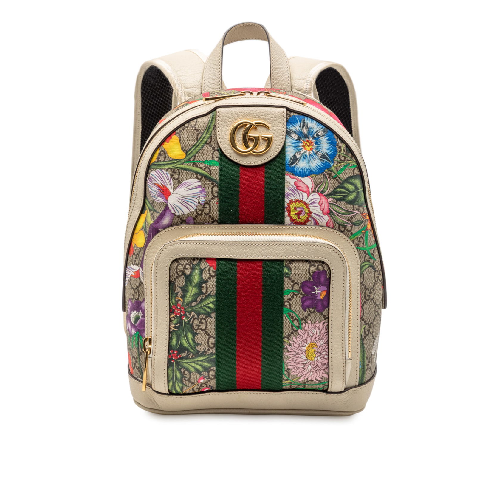 Gucci Ophidia Small Flora GG Supreme Canvas Backpack with Leather Trim: Gucci Ophidia Small Flora GG Supreme Canvas Backpack with Leather Trim This Gucci Small GG Supreme Flora Ophidia Backpack features a coated canvas body with leather trim, a flat leather strap, a top z