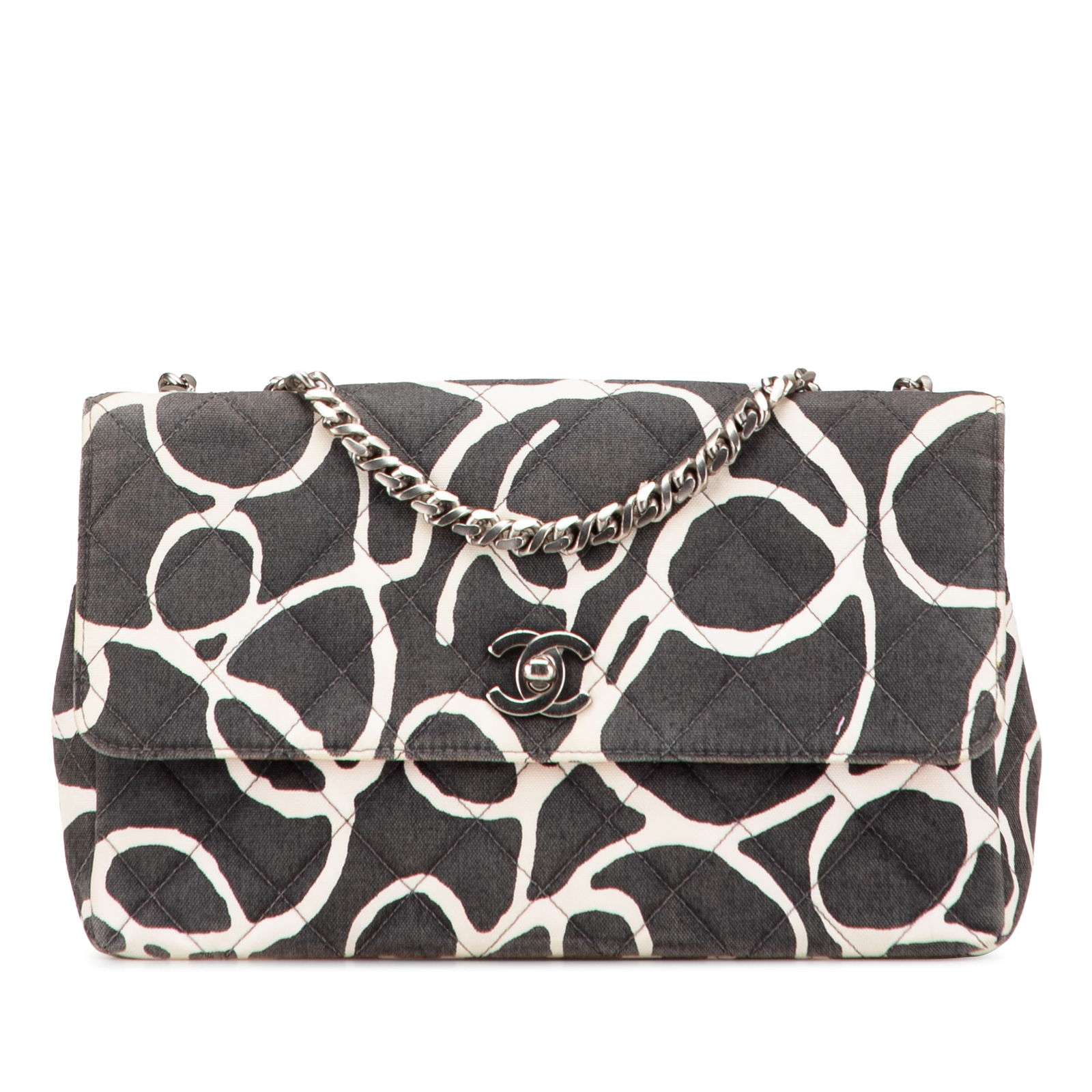 Chanel Medium CC Quilted Canvas Shoulder Bag Black: Chanel Medium CC Quilted Canvas Shoulder Bag Black Introducing the Chanel Medium CC Quilted Printed Canvas Single Flap shoulder bag, a stylish accessory crafted from durable quilted canvas. This bag f