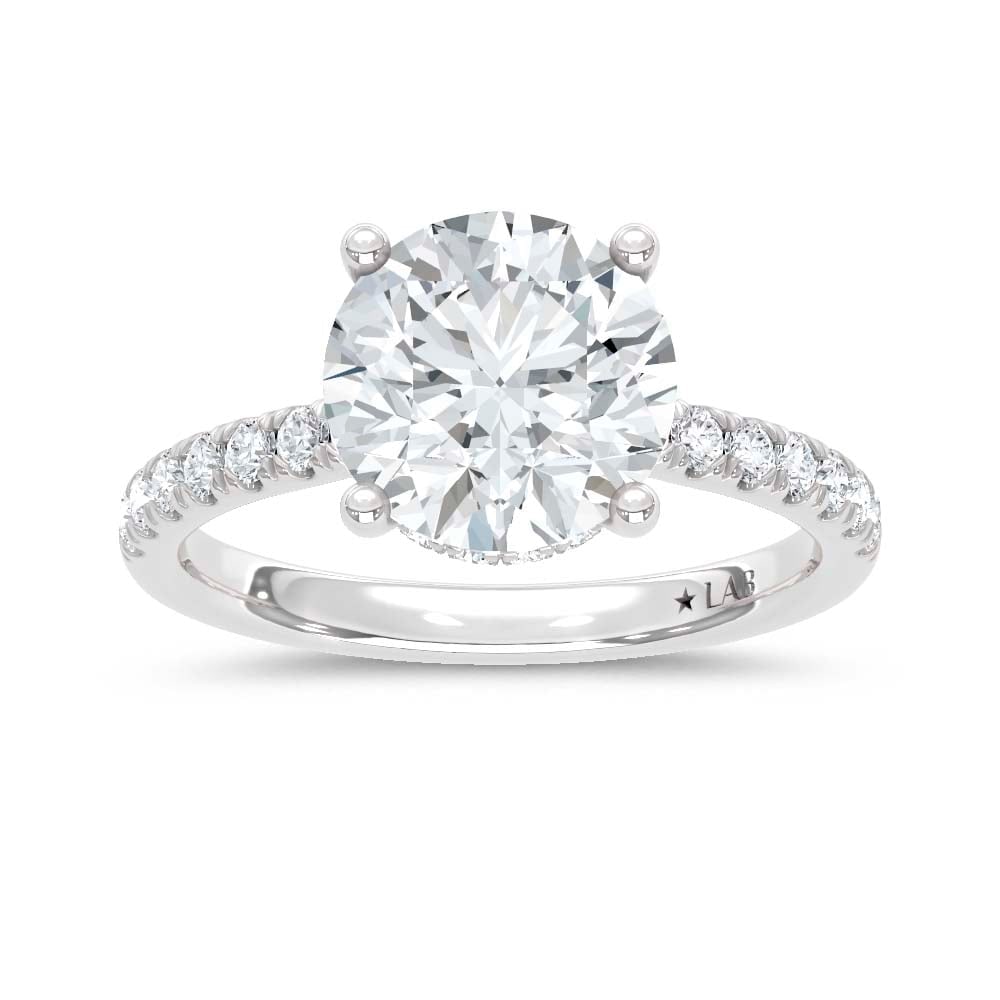 14K White Gold Lab Grown Diamond 4 1/2 Ct.Tw. Round Hidden Halo Engagement Ring (IGI Certified: 14K White Gold Lab Grown Diamond 4 1/2 Ct.Tw. Round Hidden Halo Engagement Ring (IGI Certified Center 4ct) Discover subtle brilliance and modern elegance with our Hidden Halo Diamond Engagement Ring.