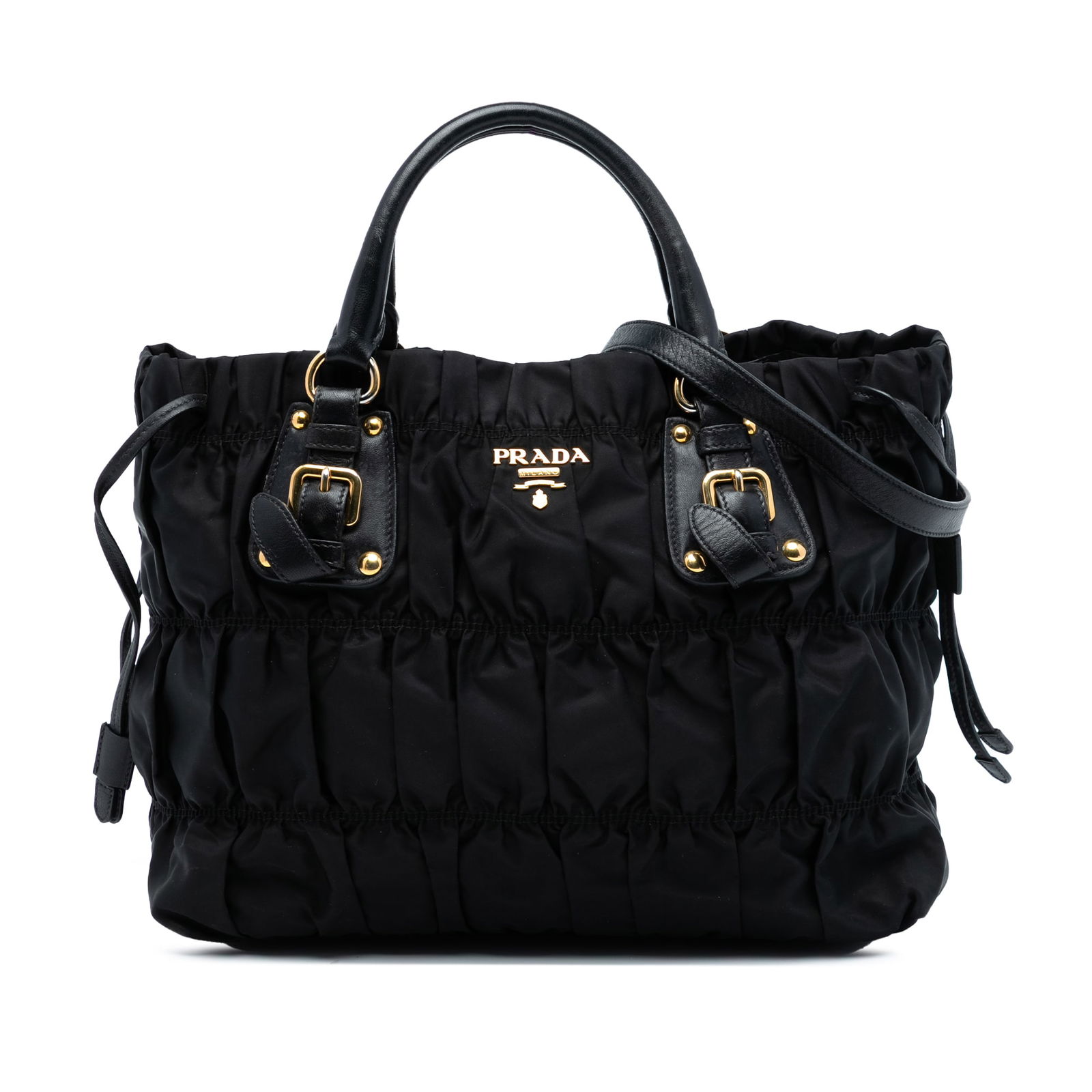 Prada Tessuto Gaufre Black Nylon Satchel with Leather Handles: Prada Tessuto Gaufre Black Nylon Satchel with Leather Handles This Prada Tessuto Gaufre Satchel features a gathered nylon fabric body in black, rolled leather handles, and a detachable flat strap. The