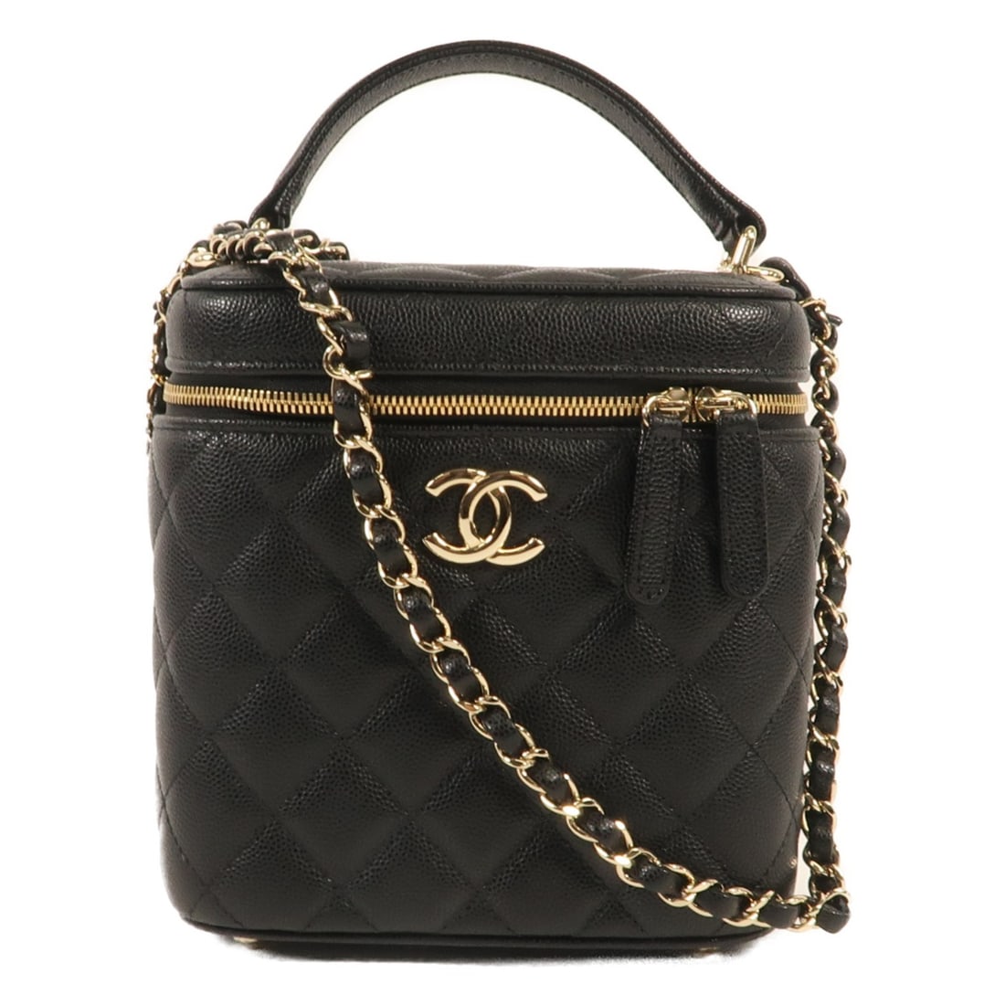 CHANEL Black Calfskin Leather 2 Way Shoulder Bag GHW Vanity Case: CHANEL Black Calfskin Leather 2 Way Shoulder Bag GHW Vanity Case This exquisite CHANEL Vanity Case Chain 2 Way Shoulder Bag is crafted from luxurious black calfskin leather, showcasing the brand's sig