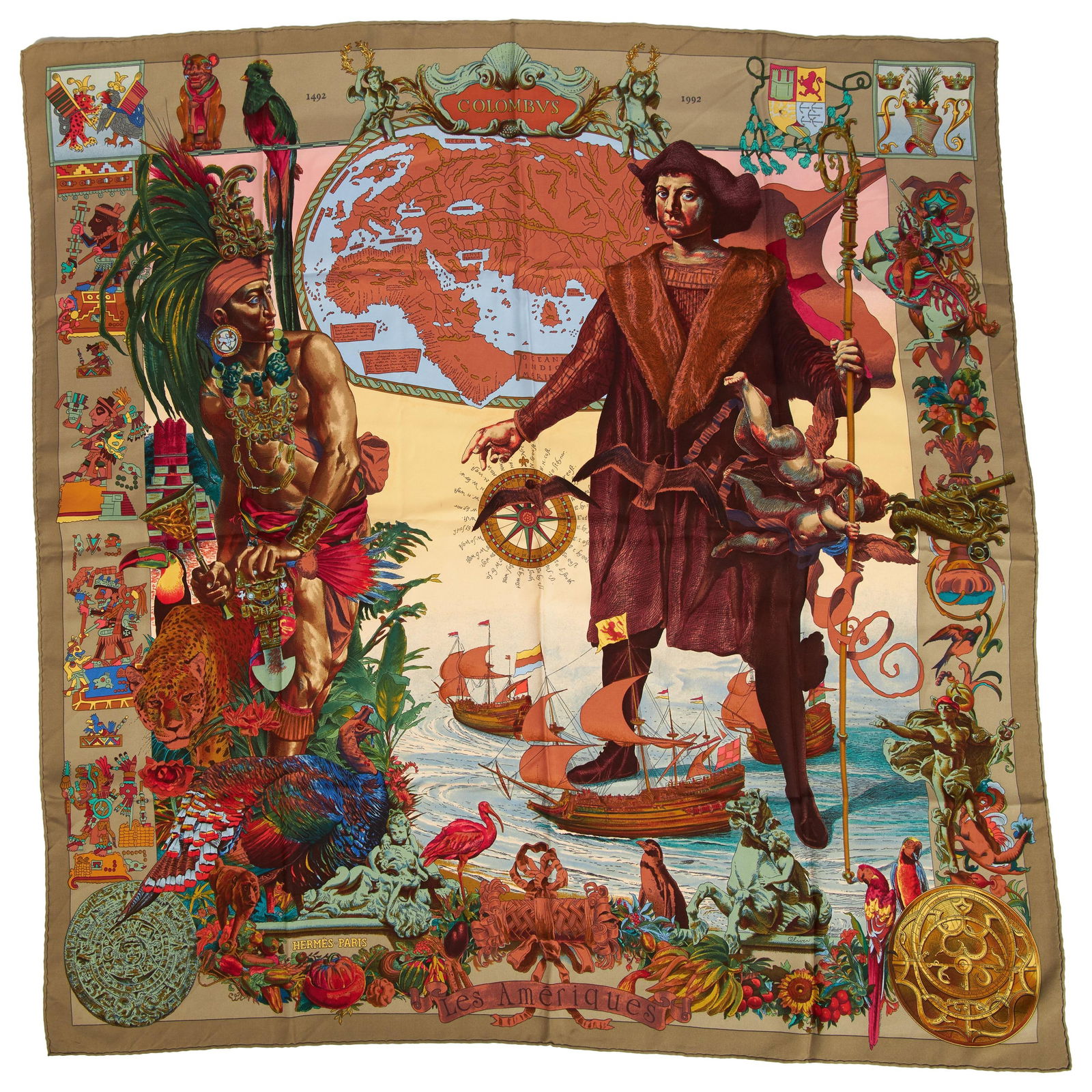 Hermes Columbus Taupe Orange Silk Scarf by Kermit Oliver: Hermes Columbus Taupe Orange Silk Scarf by Kermit Oliver Elevate your style with this exquisite Hermes Columbus scarf, designed by Kermit Oliver. This luxurious scarf features a captivating taupe and