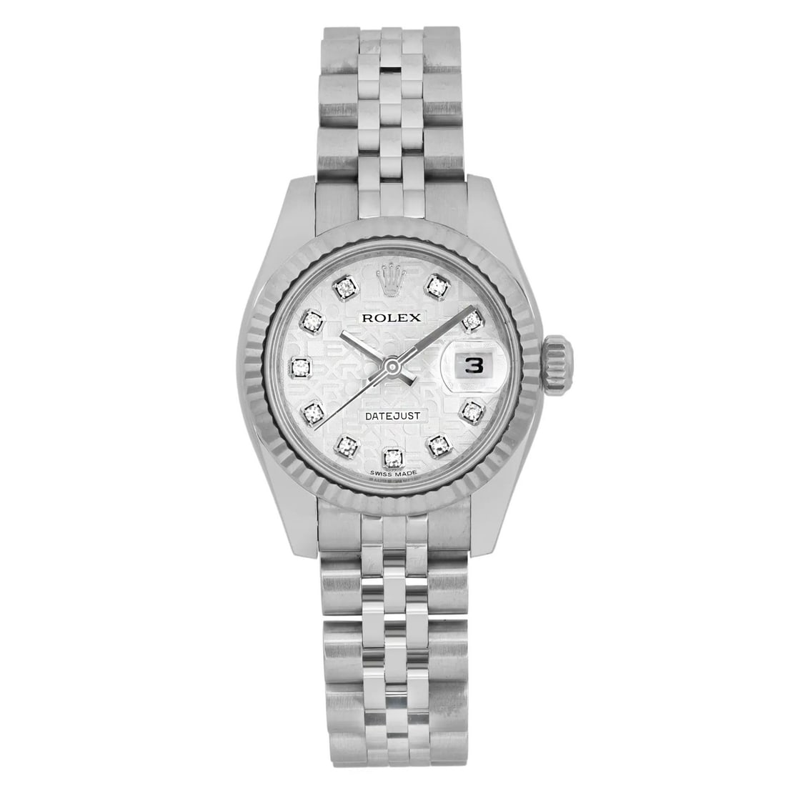 Rolex Datejust 26 18K White Gold Steel Diamond Dial Watch 179174: Rolex Datejust 26 18K White Gold Steel Diamond Dial Watch 179174 This luxurious Rolex Datejust wristwatch combines elegance and functionality. Crafted from 18K white gold and stainless steel, it featu