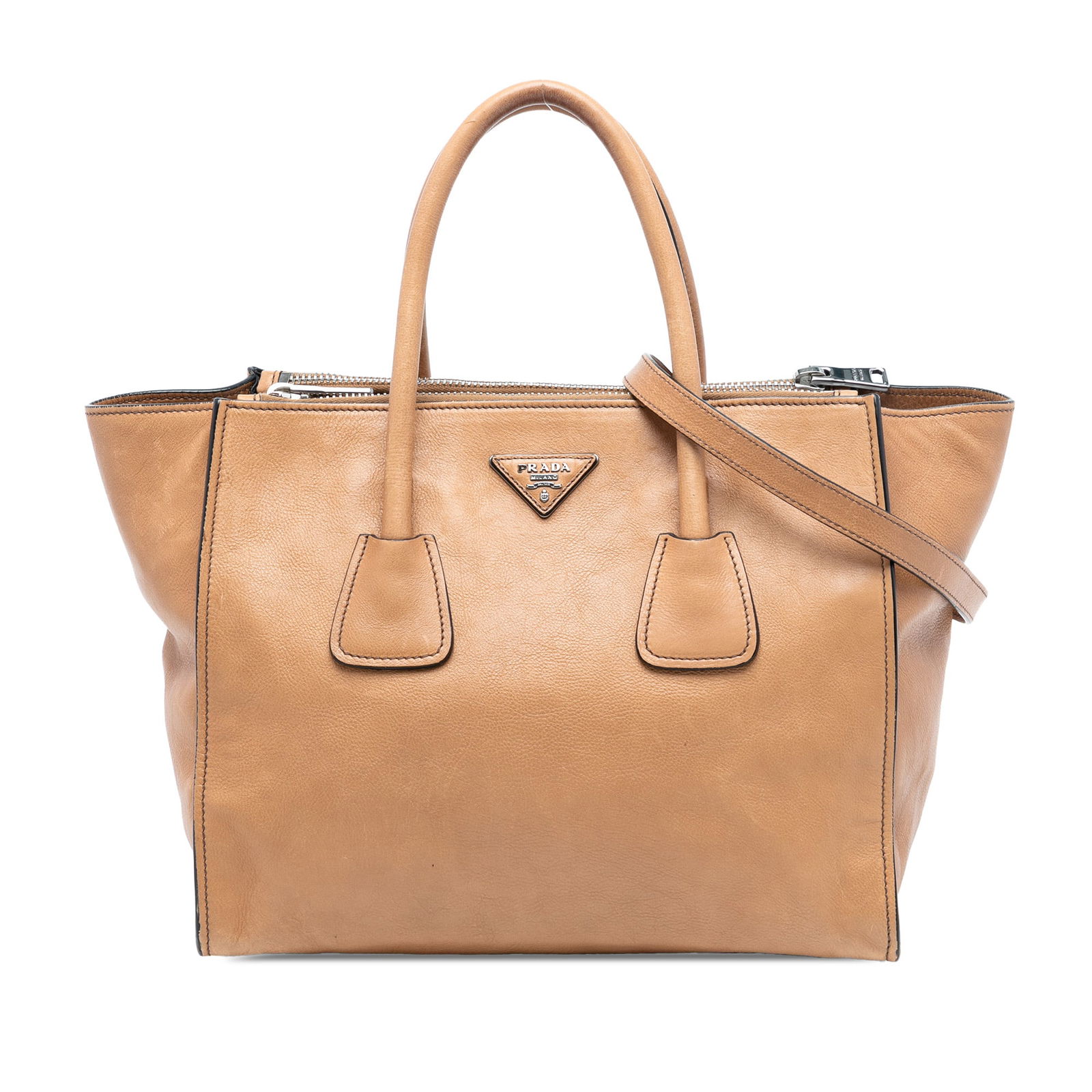 Prada Glace Calf Leather Twin Pocket Brown Satchel with Double Handles: Prada Glace Calf Leather Twin Pocket Brown Satchel with Double Handles This Prada Glace Calf Twin Pocket Double Handle Satchel features a brown calf leather body with rolled leather handles and a deta