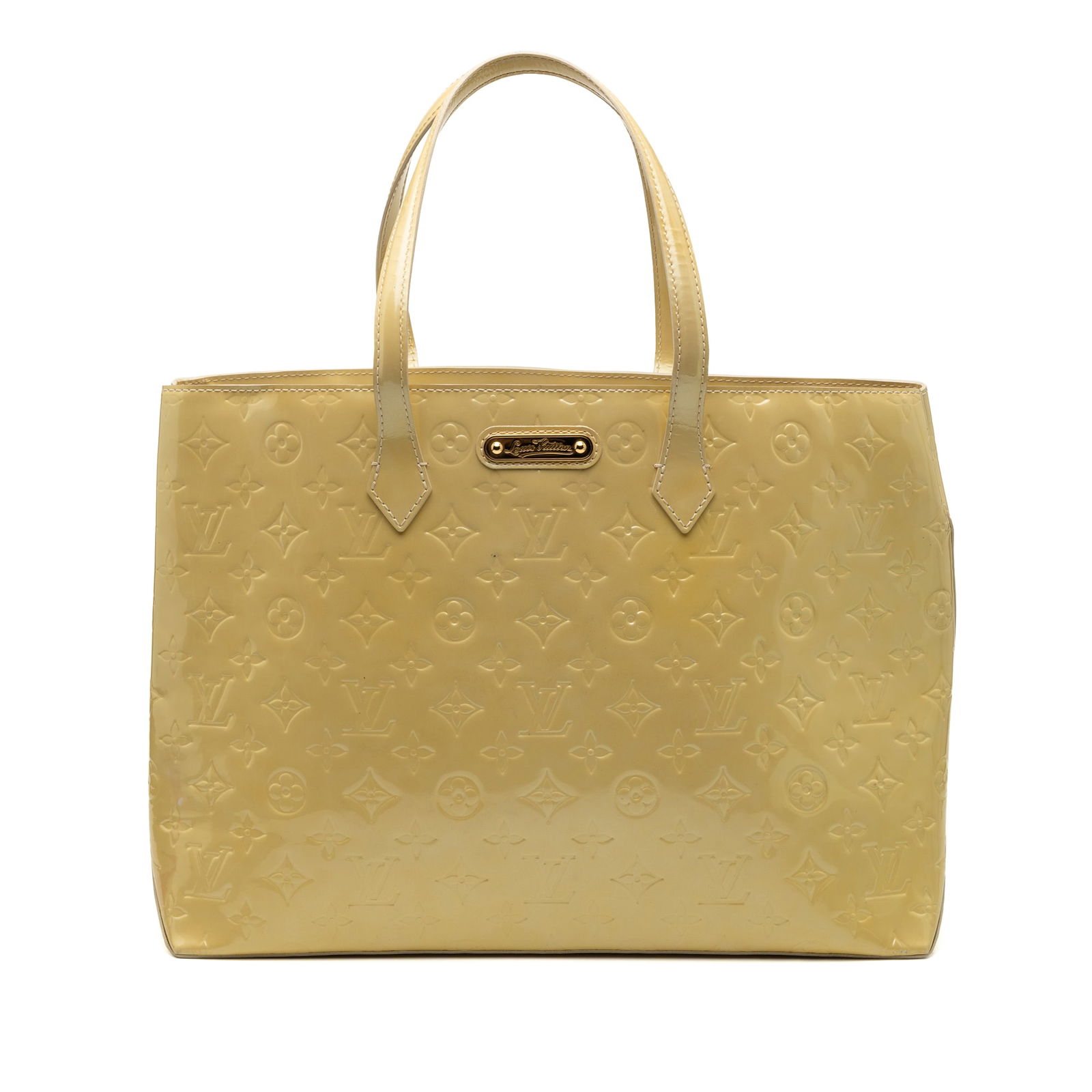 Yellow Vernis Leather Wilshire MM Tote by Louis Vuitton Monogram: Yellow Vernis Leather Wilshire MM Tote by Louis Vuitton Monogram The Louis Vuitton Monogram Vernis Wilshire MM is crafted from vernis leather in a yellow hue and features flat leather handles. The bag