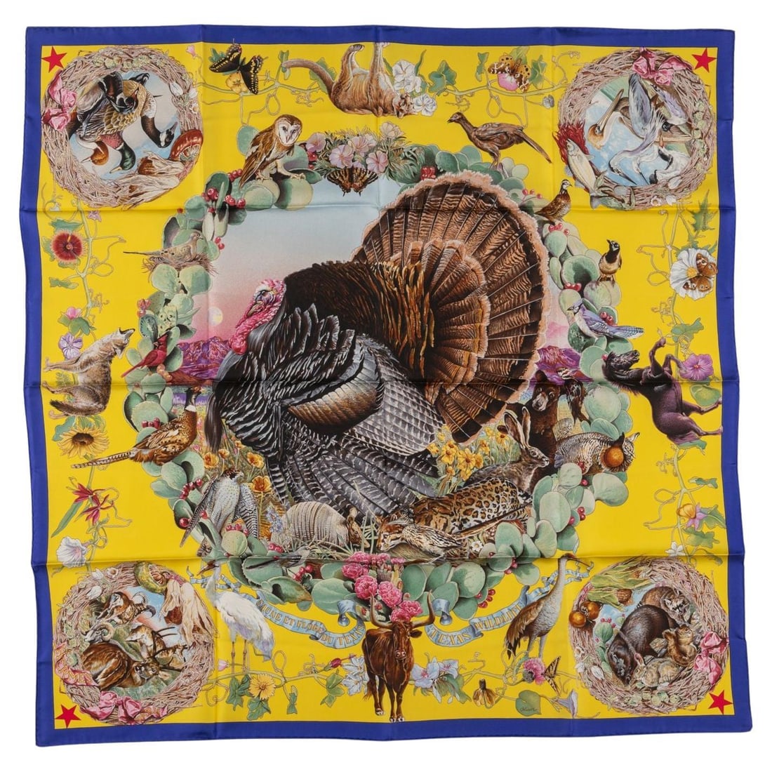 Hermes Faune et Flore du Texas Scarf Kermit Oliver Design 35 in: Hermes Faune et Flore du Texas Scarf Kermit Oliver Design 35 in This exquisite Hermes "Faune et Flore du Texas" scarf showcases a striking black and yellow design, beautifully reflecting the artistry