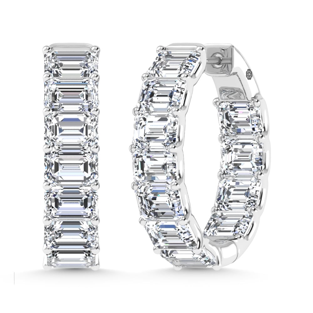 14K White Gold 8 Ct.Tw. Lab Grown Diamond Horizontal Emerald Shape In and Our Hoop Earrings: 14K White Gold 8 Ct.Tw. Lab Grown Diamond Horizontal Emerald Shape In and Our Hoop Earrings Bold 14K white gold hoops adorned with 8 Ct.Tw. lab-grown diamonds in horizontal emerald shape. 14k White Go