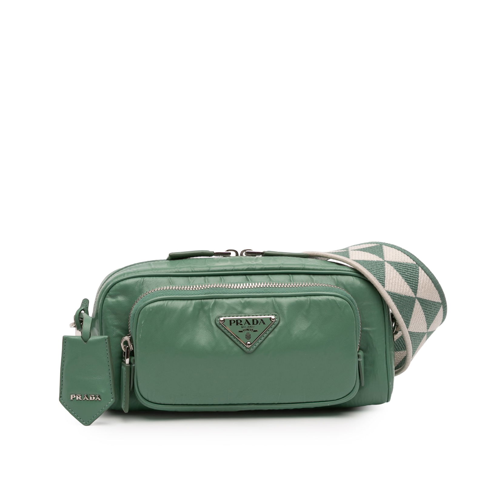 Prada Nappa Antique Green Leather Multi Pocket Crossbody Bag: Prada Nappa Antique Green Leather Multi Pocket Crossbody Bag This Prada Nappa Antique Multi Pocket Crossbody bag is crafted from green nappa leather and features a detachable flat shoulder strap, a to