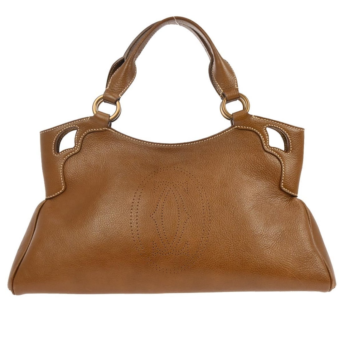 Medium Brown Leather Marcello Top Handle Bag by Cartier: Medium Brown Leather Marcello Top Handle Bag by Cartier This vintage Cartier Marcello top handle bag features a brown leather exterior with double handles and practical pockets. Made in Italy, it come